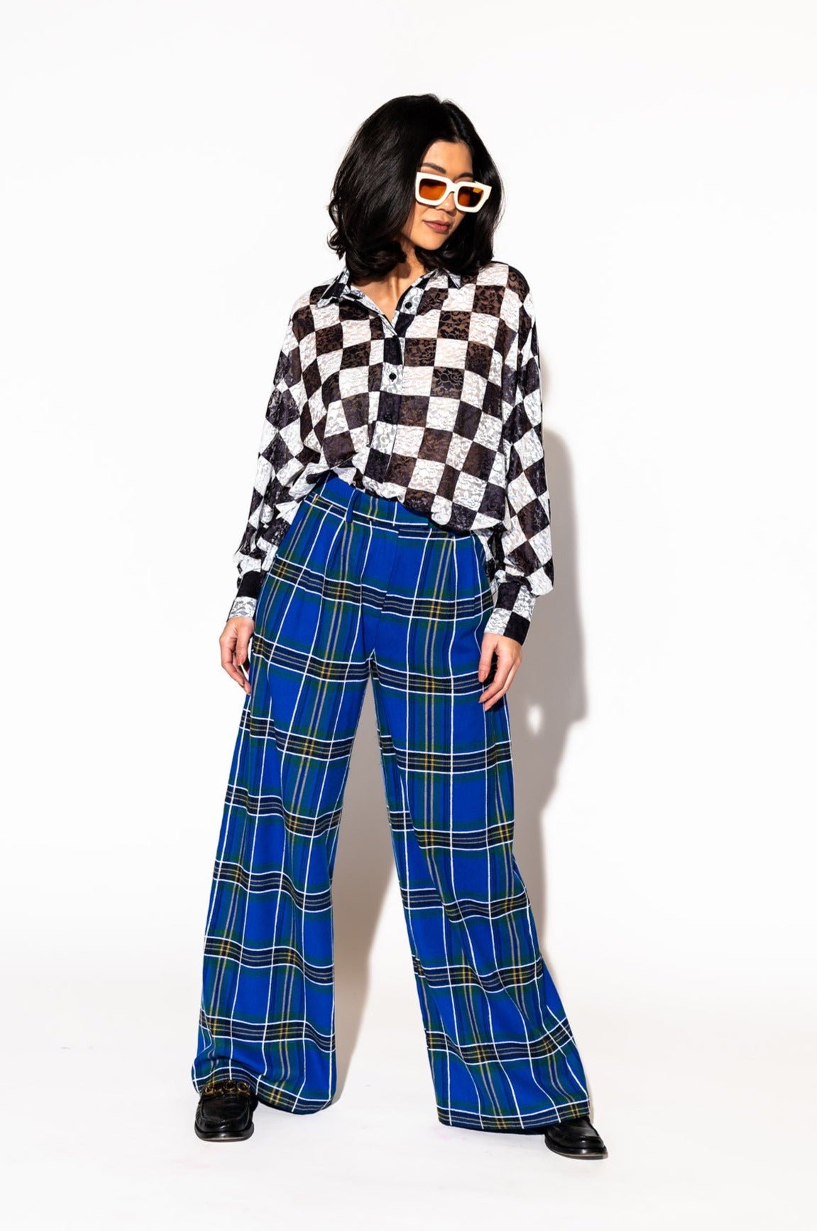 LALA ORIGINAL: Lovers Lane Plaid Wide Leg Trousers in Cobalt Blue - Dressed in Lala