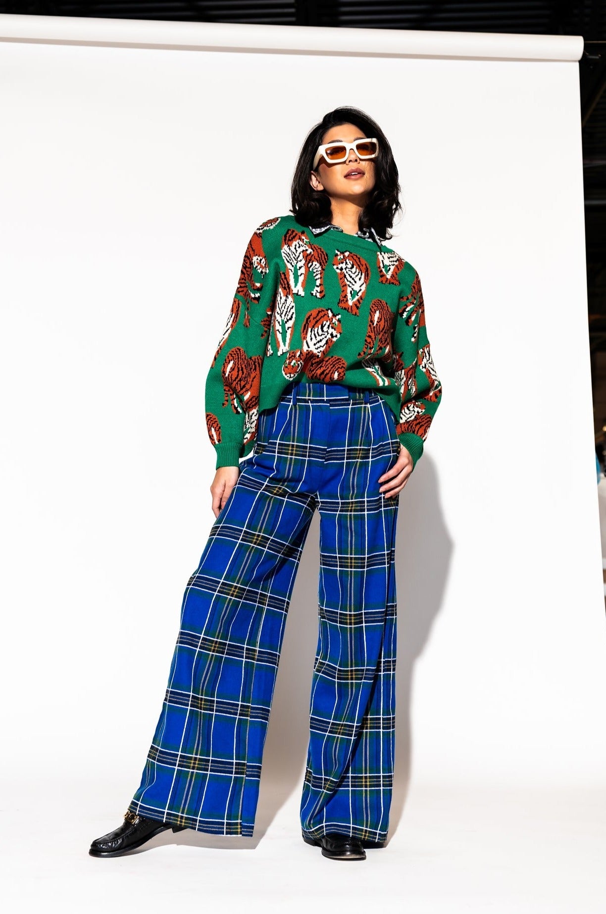 LALA ORIGINAL: Lovers Lane Plaid Wide Leg Trousers in Cobalt Blue - Dressed in Lala