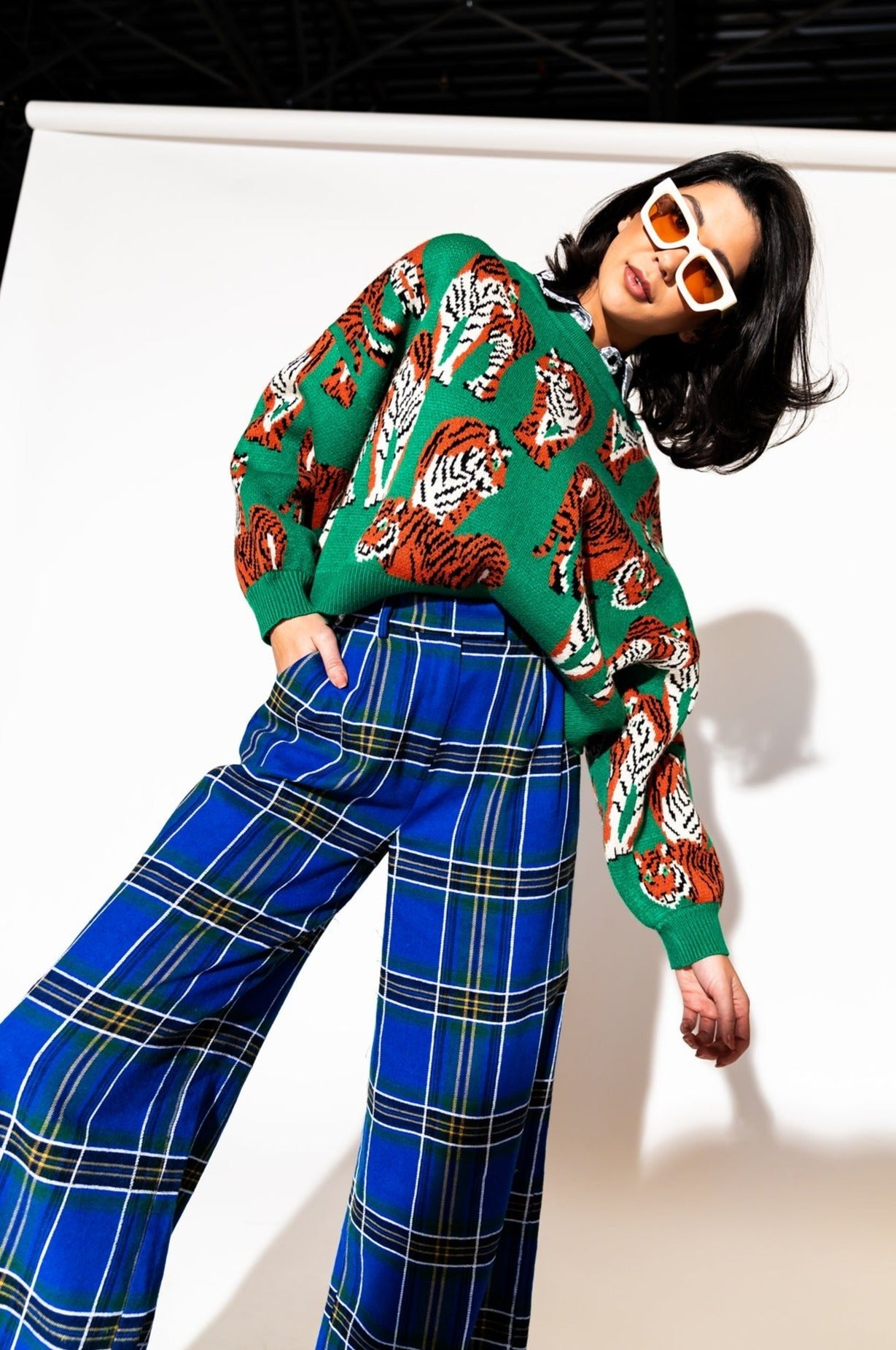 LALA ORIGINAL: Lovers Lane Plaid Wide Leg Trousers in Cobalt Blue - Dressed in Lala