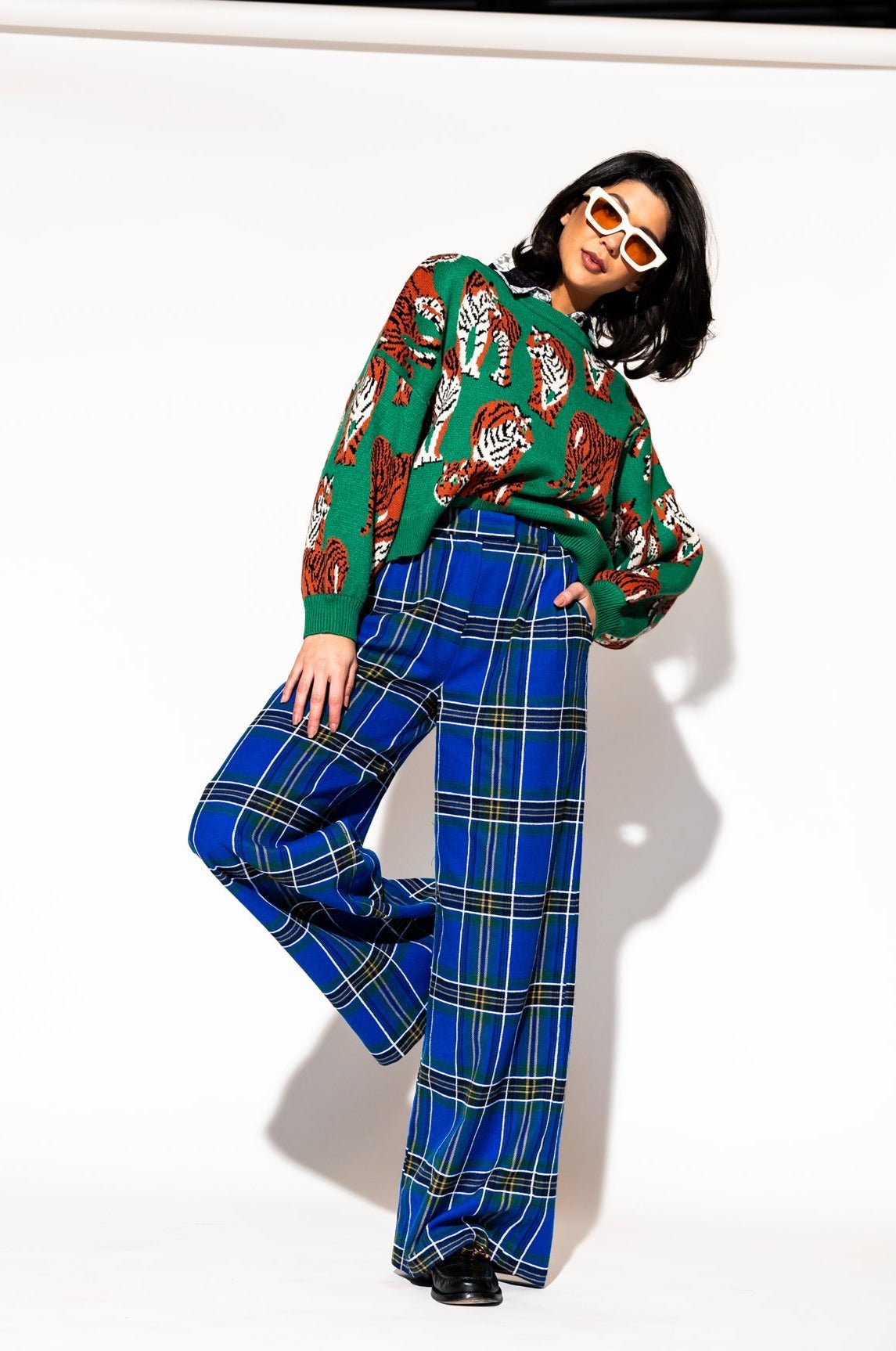 LALA ORIGINAL: Lovers Lane Plaid Wide Leg Trousers in Cobalt Blue - Dressed in Lala