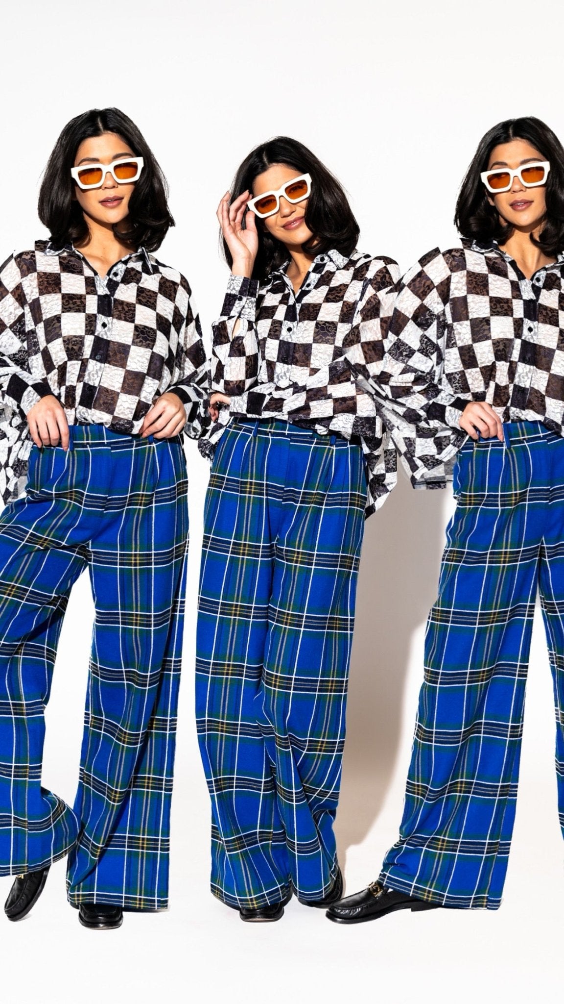 LALA ORIGINAL: Lovers Lane Plaid Wide Leg Trousers in Cobalt Blue - Dressed in Lala