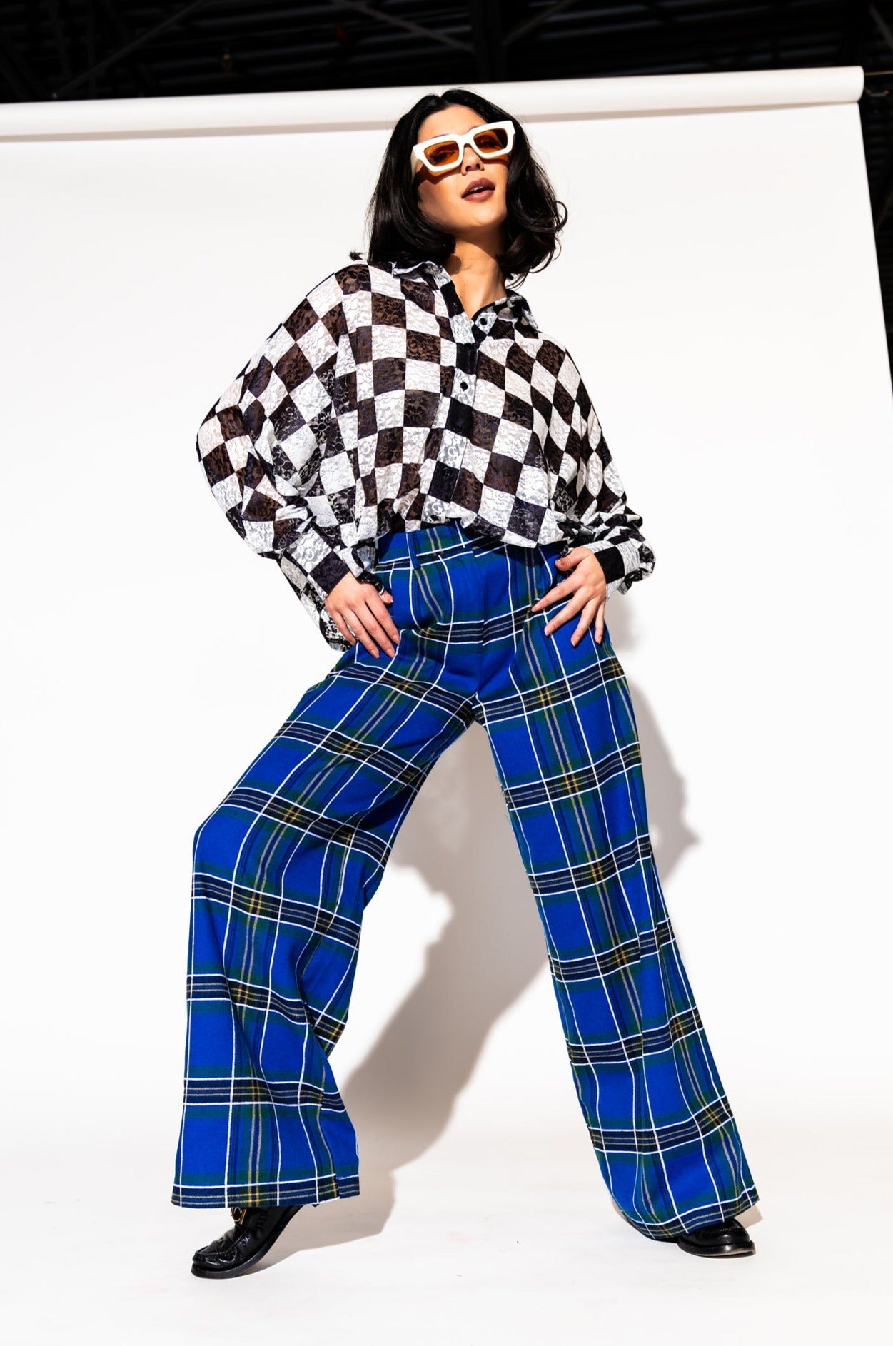 LALA ORIGINAL: Lovers Lane Plaid Wide Leg Trousers in Cobalt Blue - Dressed in Lala