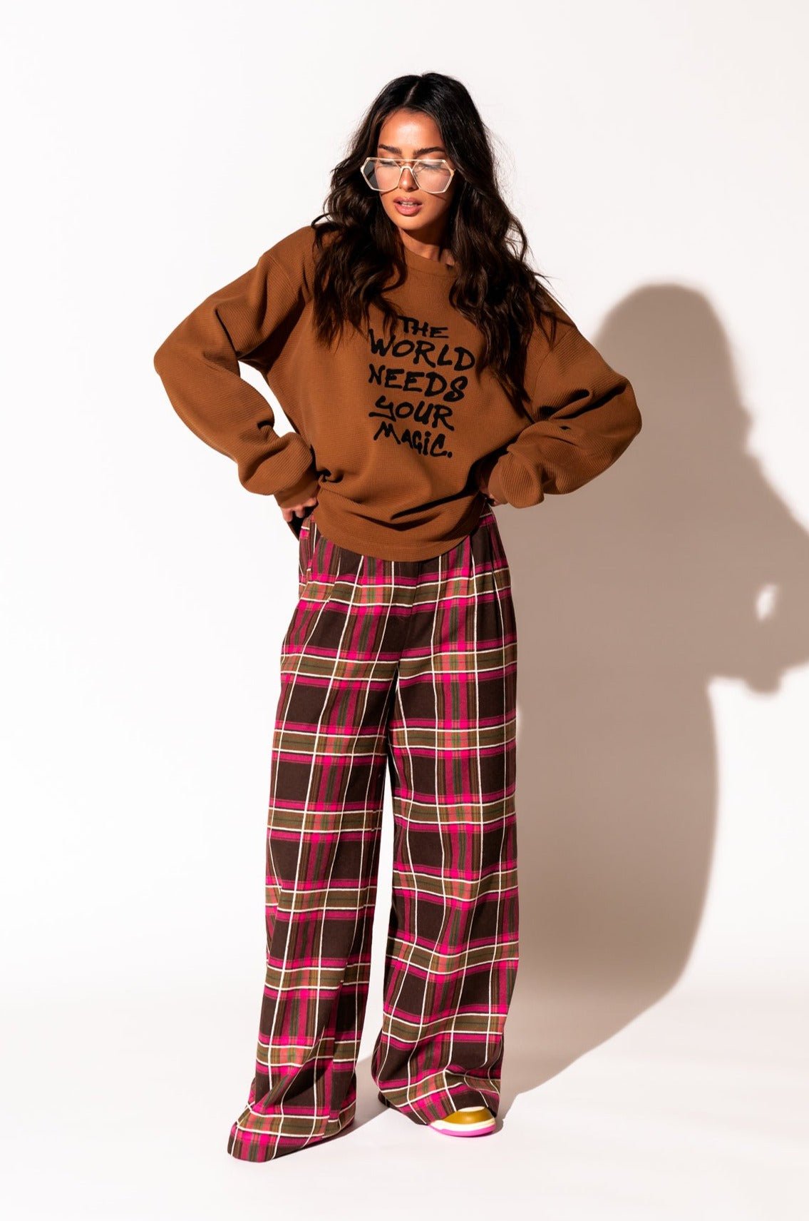 LALA ORIGINAL: Lovers Lane Plaid Wide Leg Trousers in Pink - Dressed in Lala