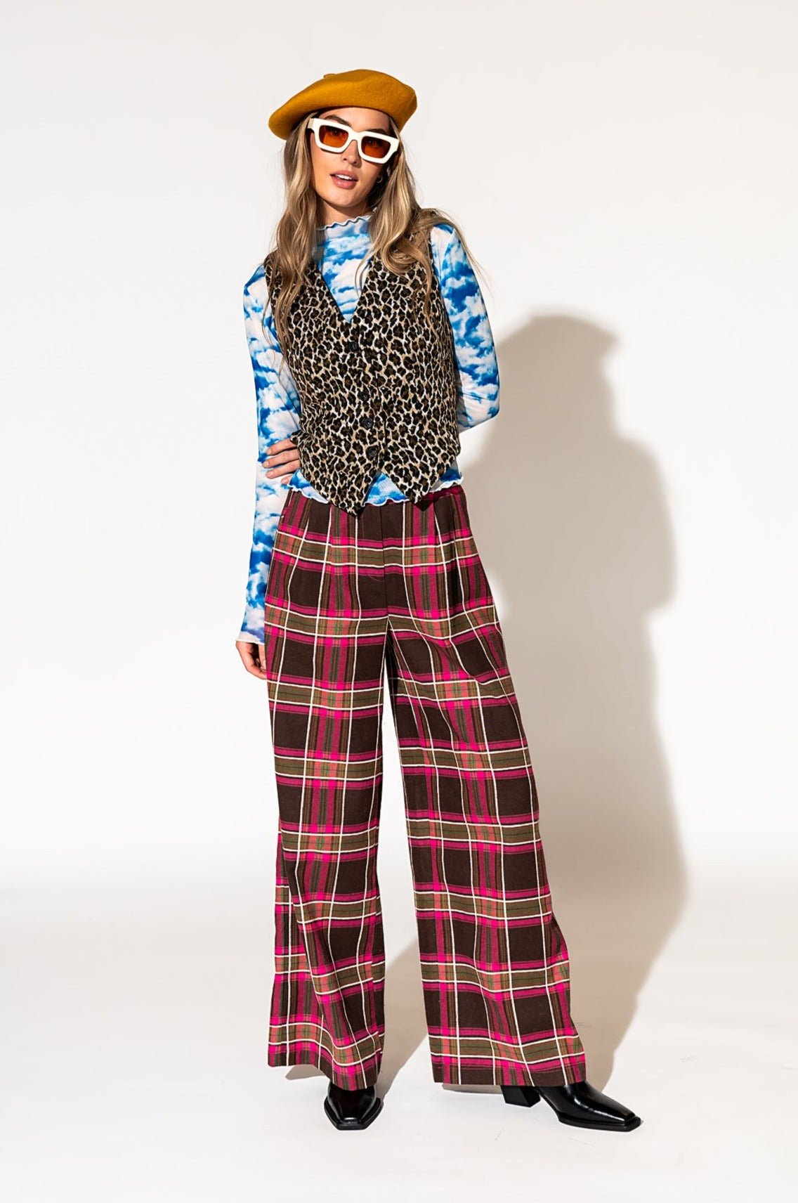 LALA ORIGINAL: Lovers Lane Plaid Wide Leg Trousers in Pink - Dressed in Lala