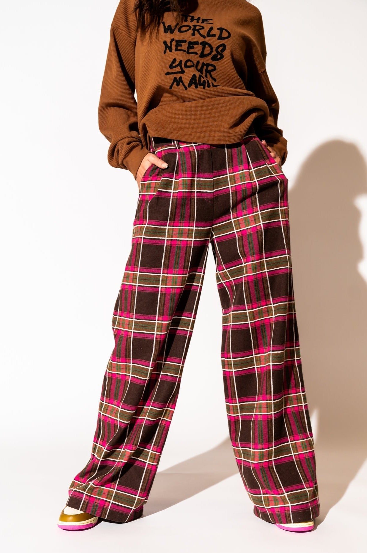 LALA ORIGINAL: Lovers Lane Plaid Wide Leg Trousers in Pink - Dressed in Lala