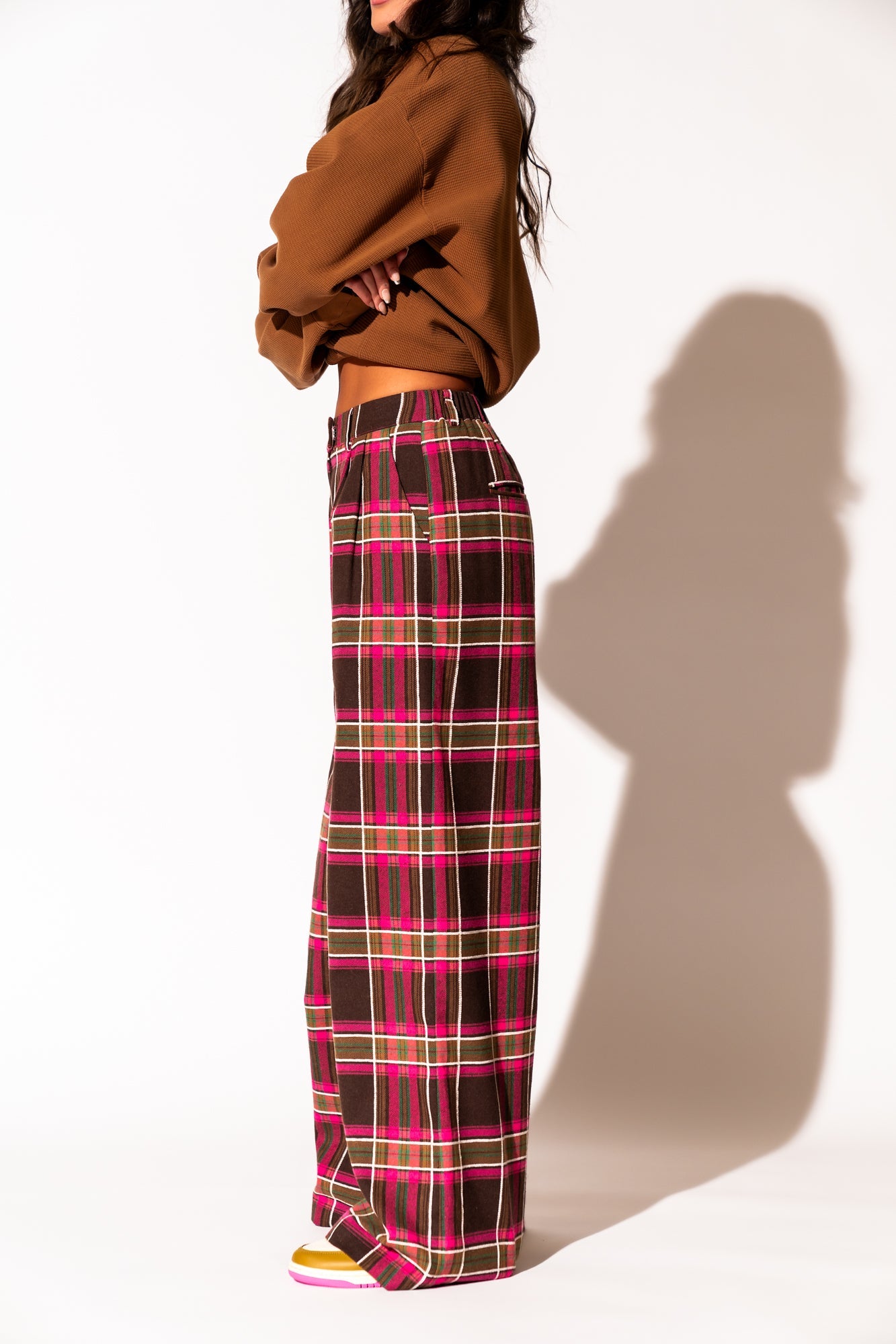 LALA ORIGINAL: Lovers Lane Plaid Wide Leg Trousers in Pink - Dressed in Lala