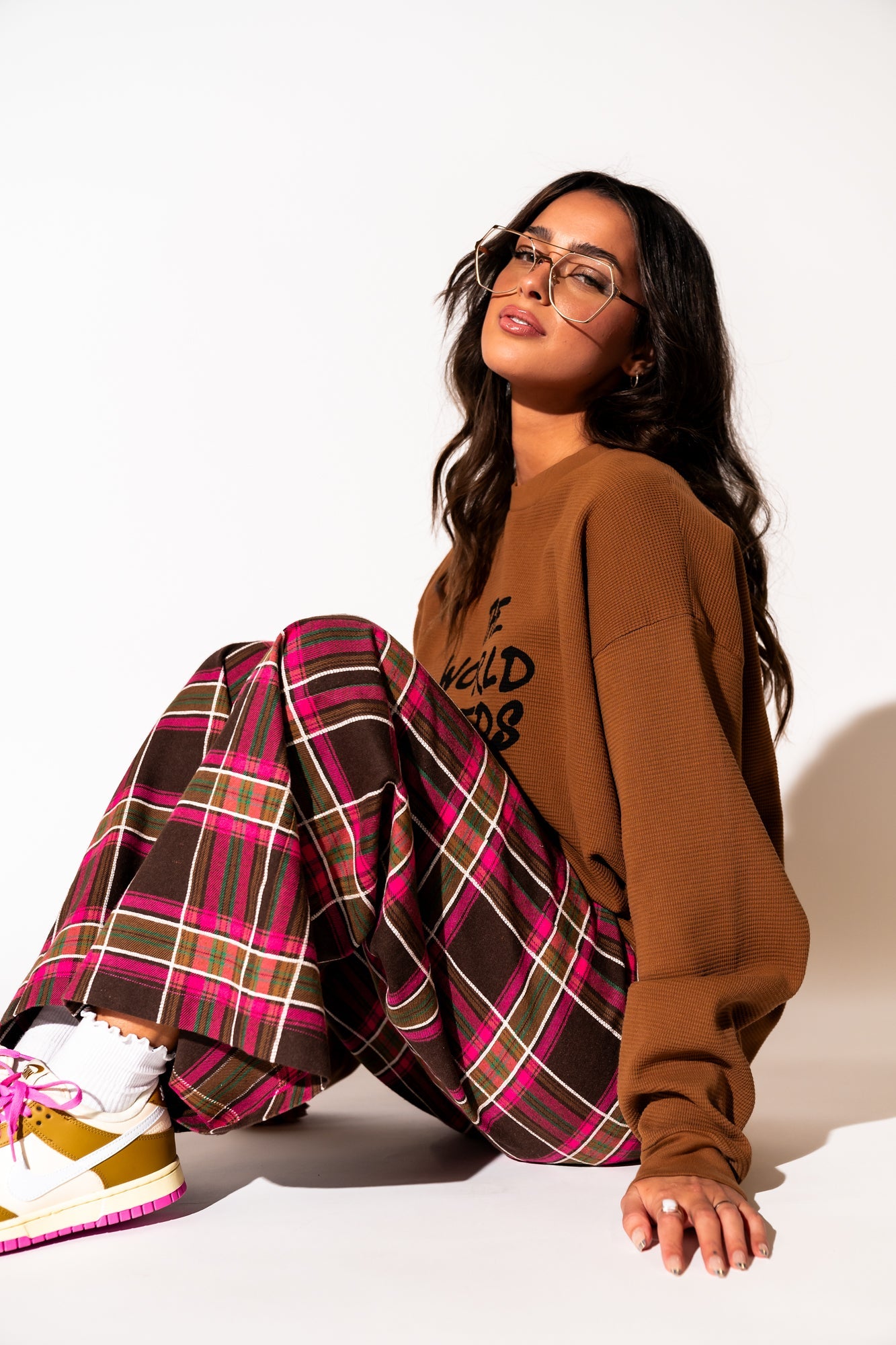 LALA ORIGINAL: Lovers Lane Plaid Wide Leg Trousers in Pink - Dressed in Lala