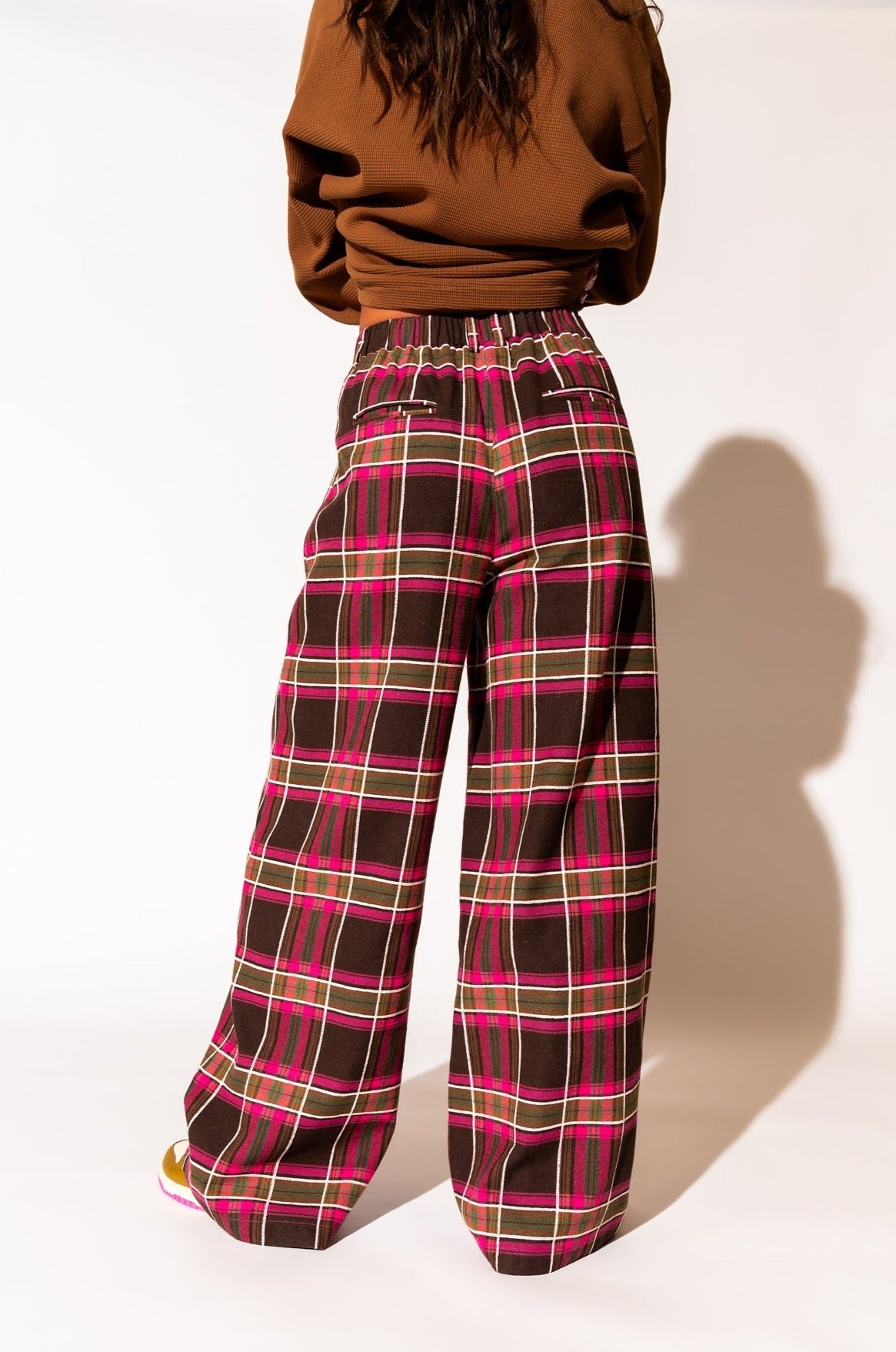 LALA ORIGINAL: Lovers Lane Plaid Wide Leg Trousers in Pink - Dressed in Lala