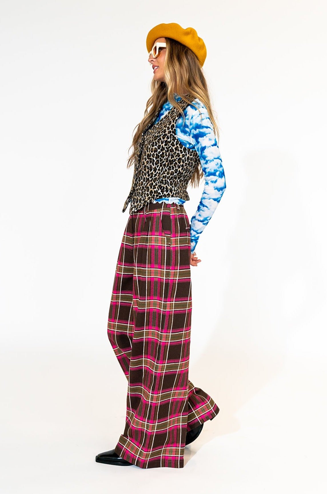 LALA ORIGINAL: Lovers Lane Plaid Wide Leg Trousers in Pink - Dressed in Lala