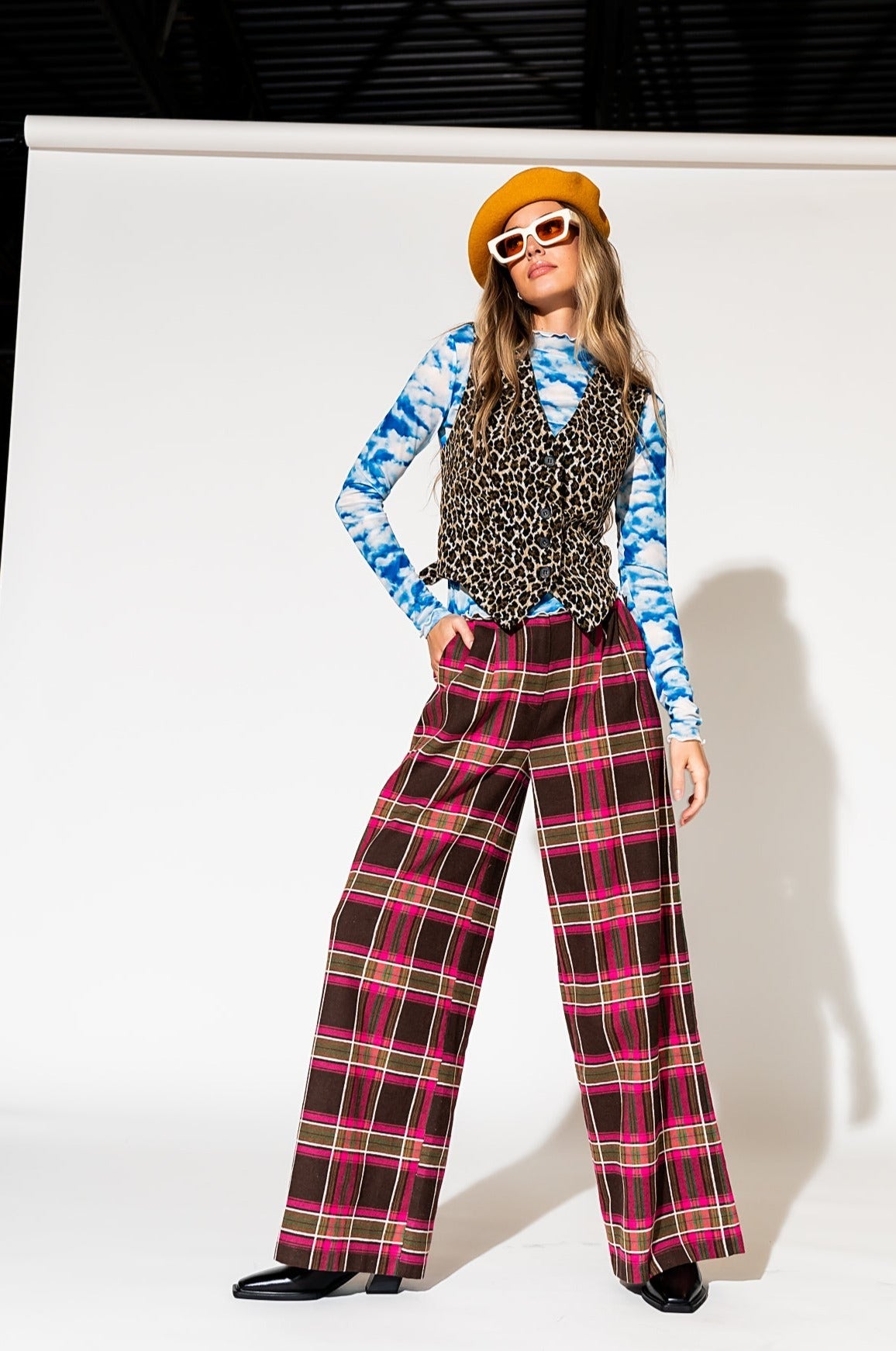 LALA ORIGINAL: Lovers Lane Plaid Wide Leg Trousers in Pink - Dressed in Lala