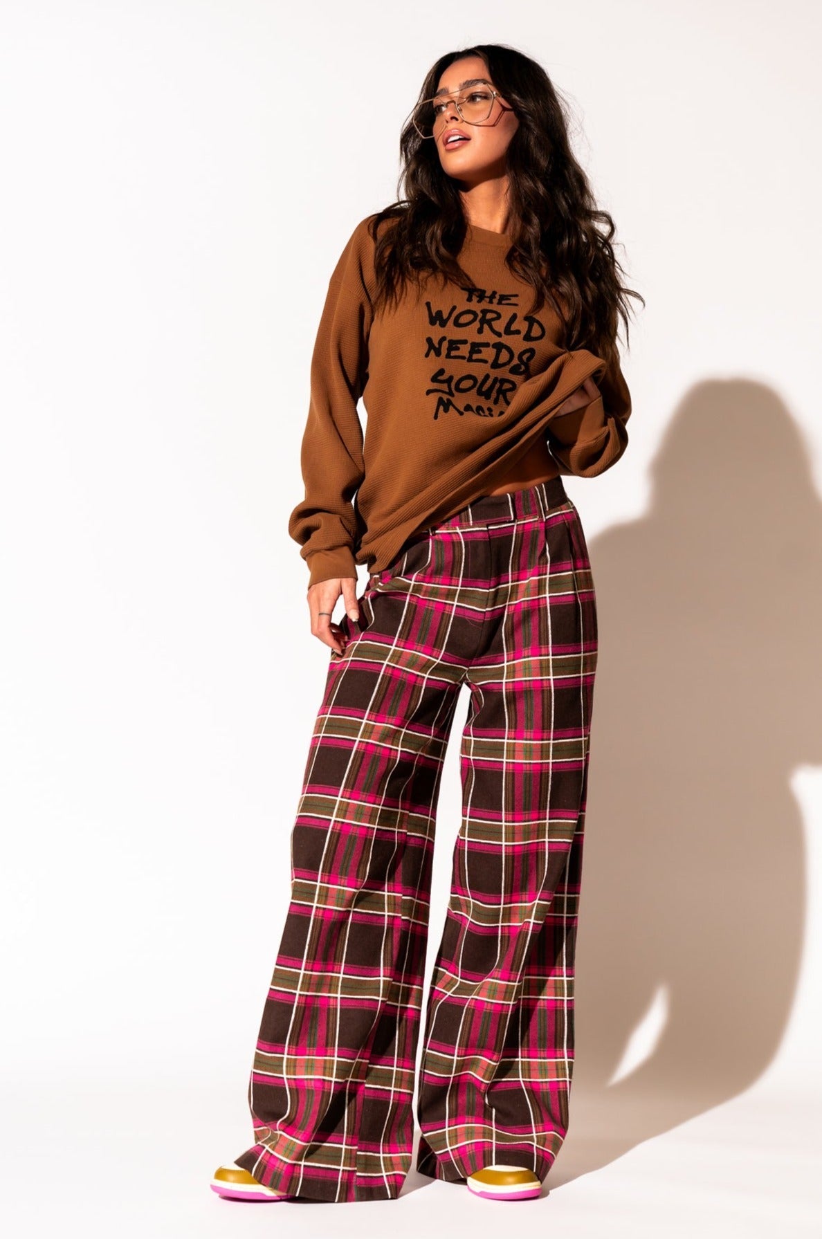 LALA ORIGINAL: Lovers Lane Plaid Wide Leg Trousers in Pink - Dressed in Lala