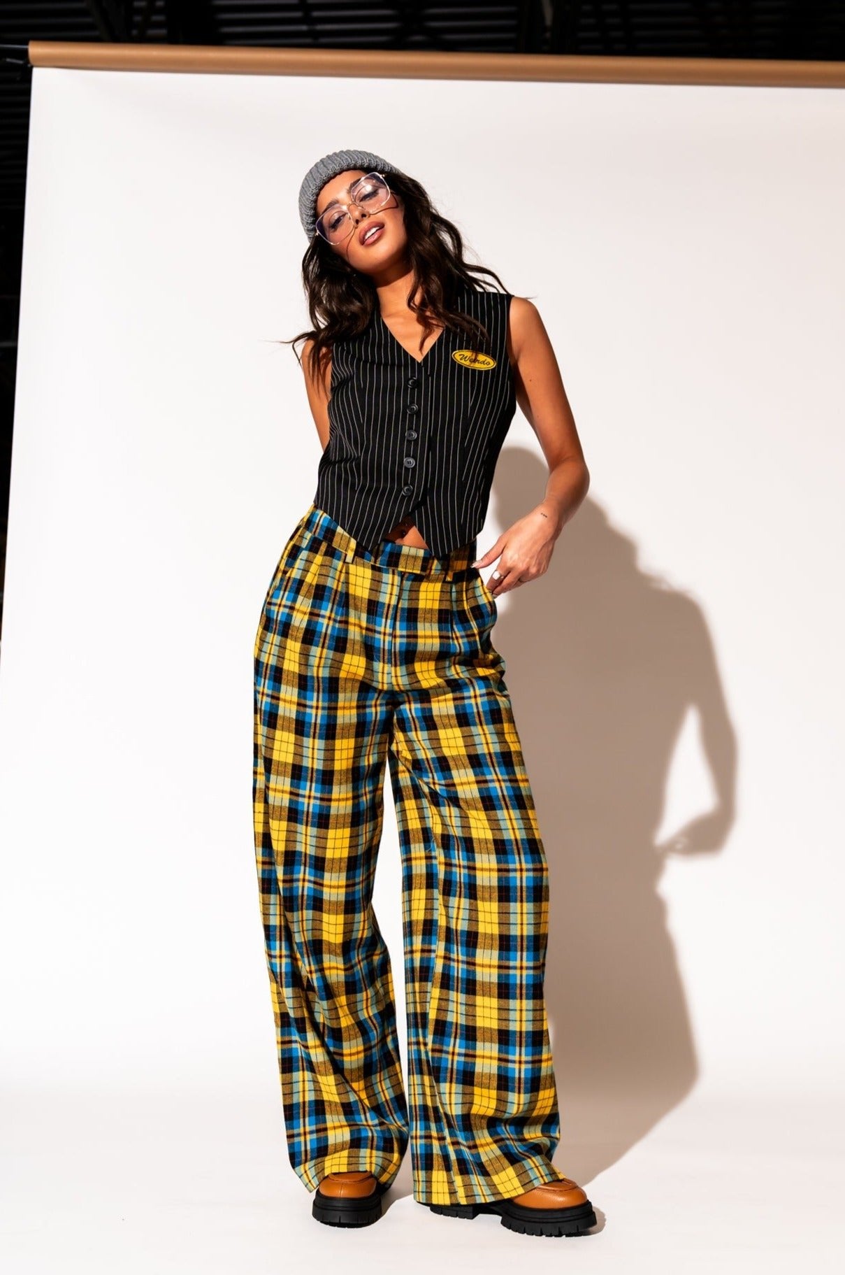LALA ORIGINAL: Lovers Lane Plaid Wide Leg Trousers in Yellow - Dressed in Lala