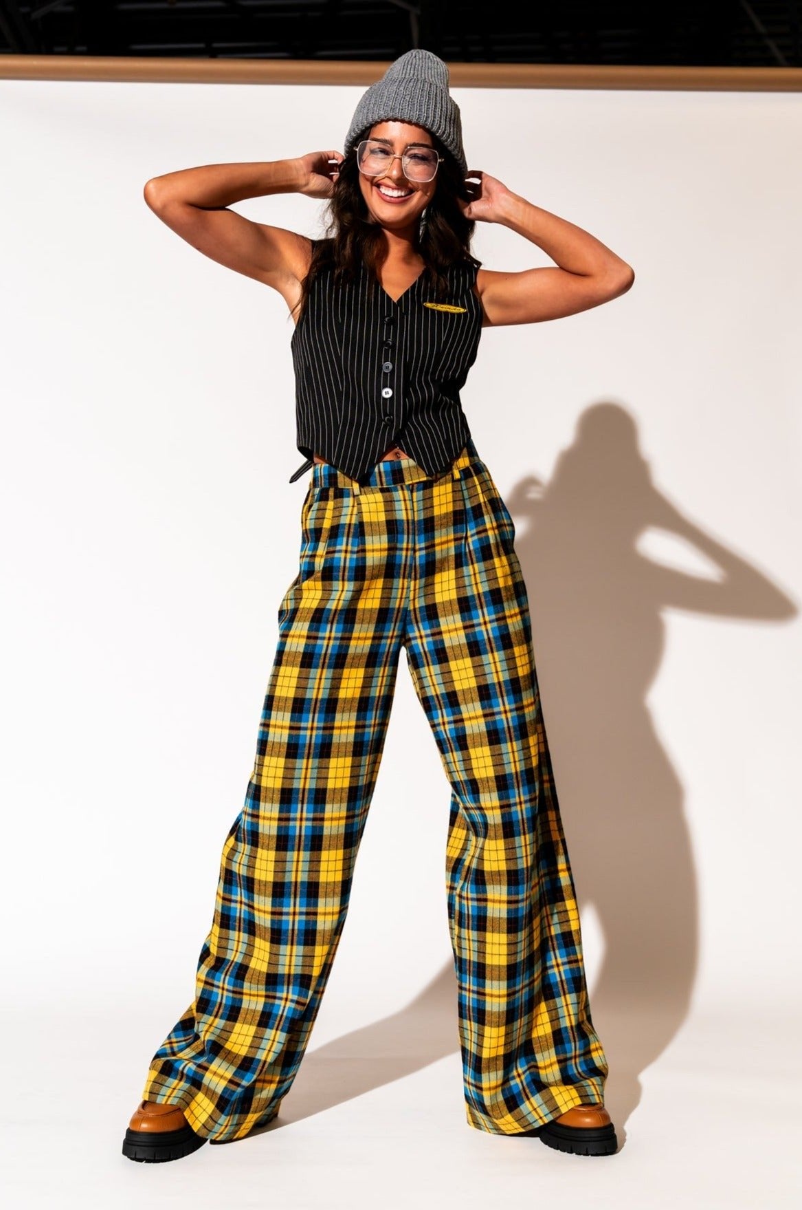 LALA ORIGINAL: Lovers Lane Plaid Wide Leg Trousers in Yellow - Dressed in Lala