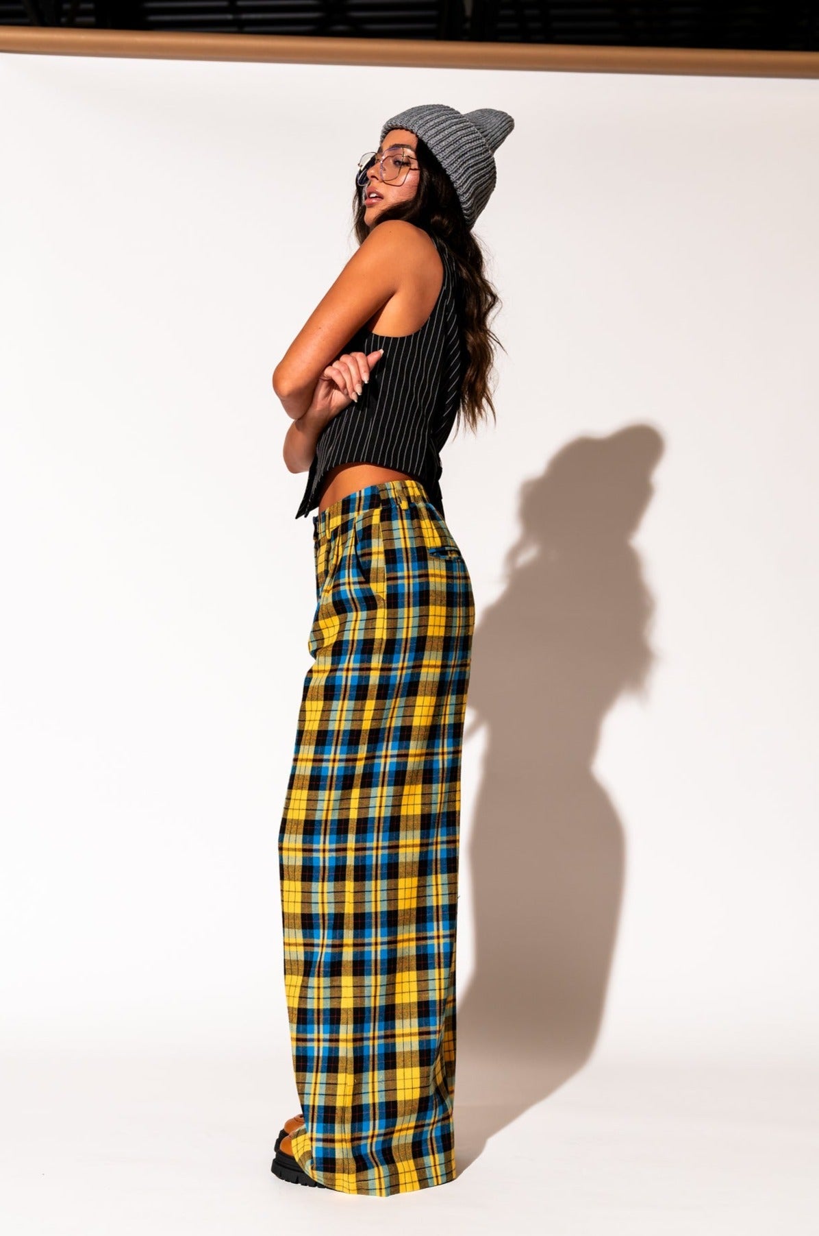 LALA ORIGINAL: Lovers Lane Plaid Wide Leg Trousers in Yellow - Dressed in Lala