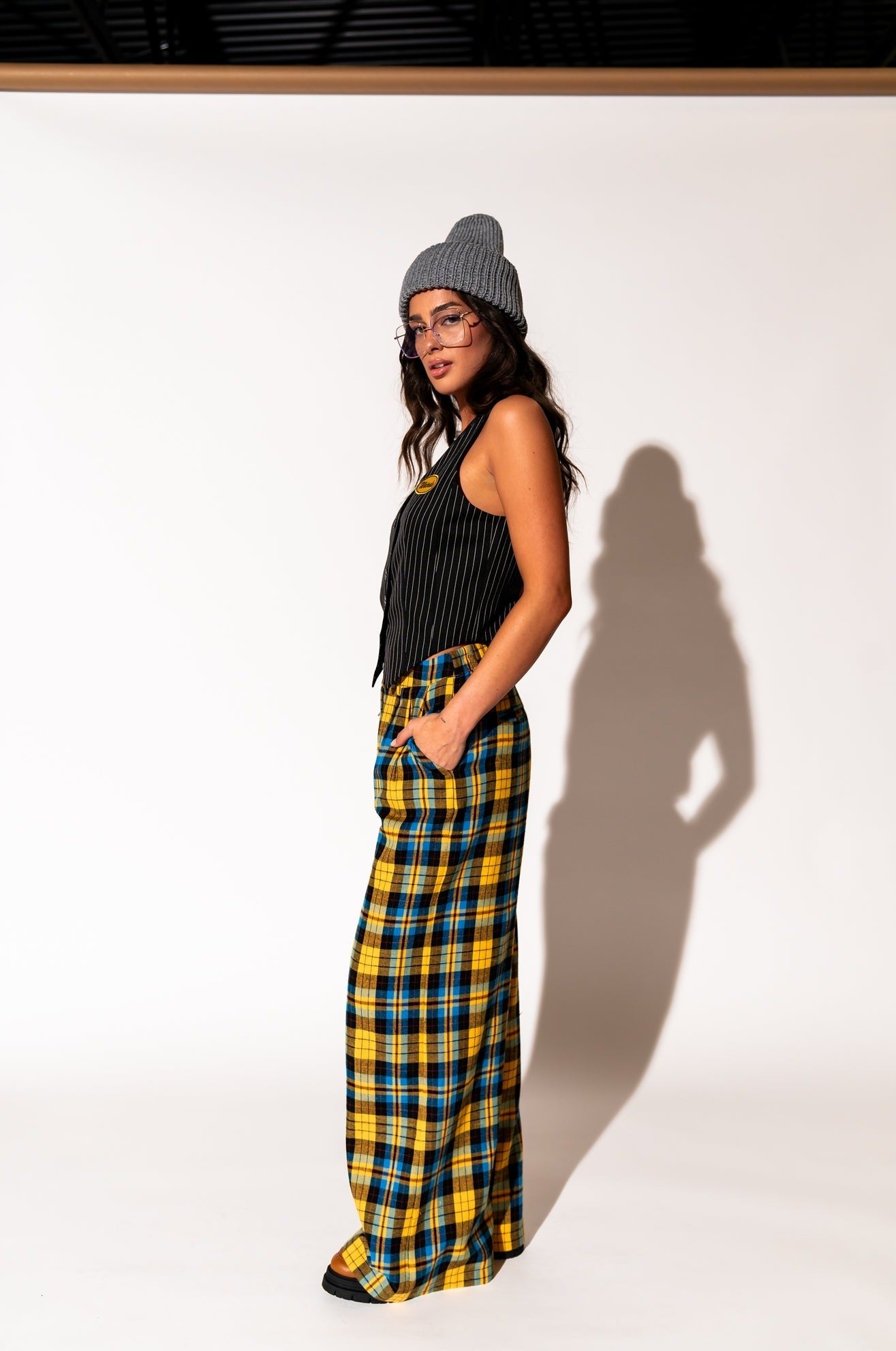 LALA ORIGINAL: Lovers Lane Plaid Wide Leg Trousers in Yellow - Dressed in Lala