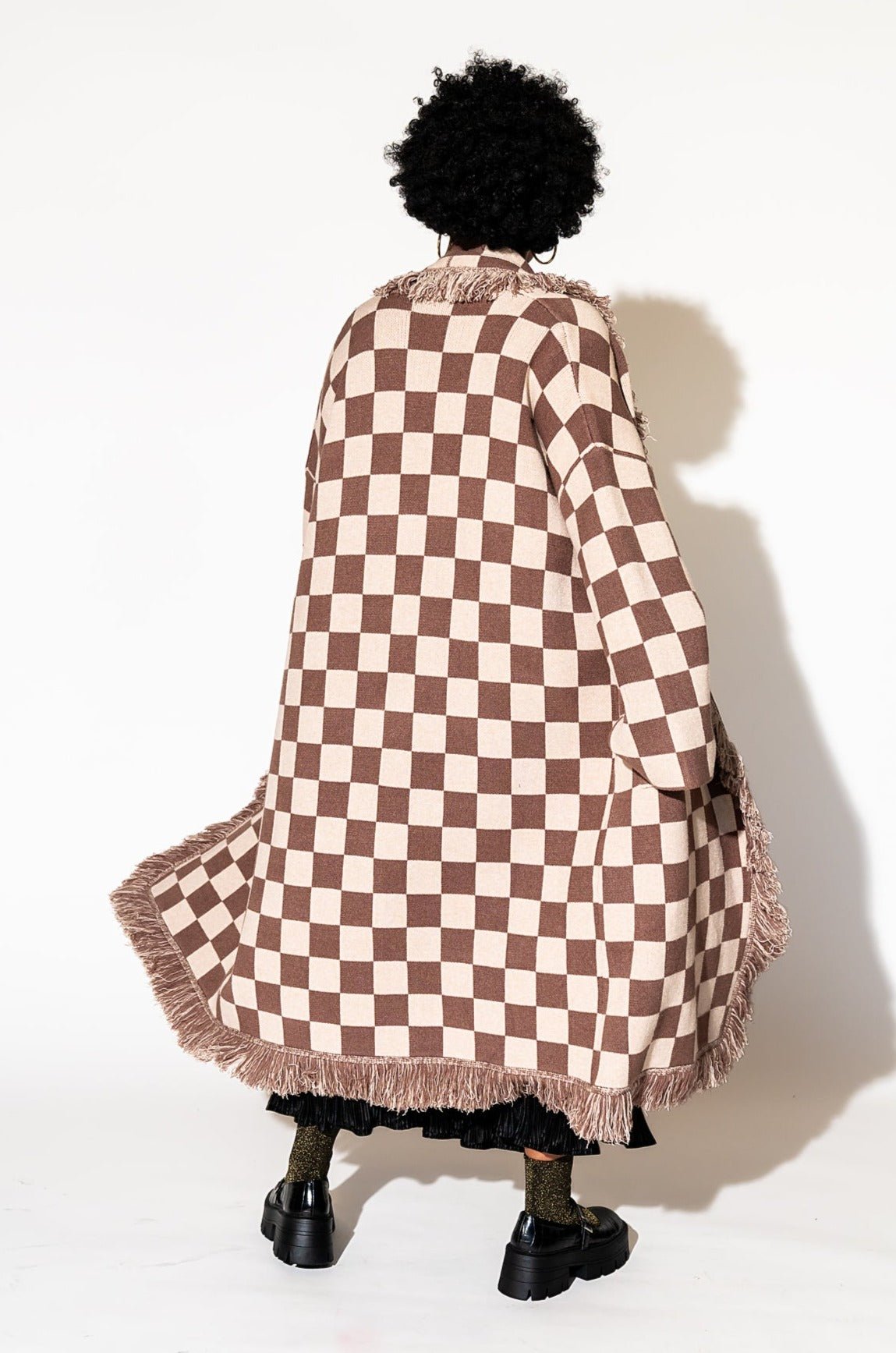 LALA ORIGINAL: Luxe Fringe Blanket Cardigan in Neutral Check Deliciousness - Dressed in Lala