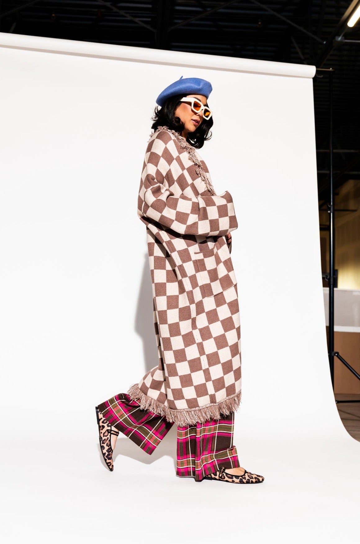 LALA ORIGINAL: Luxe Fringe Blanket Cardigan in Neutral Check Deliciousness - Dressed in Lala