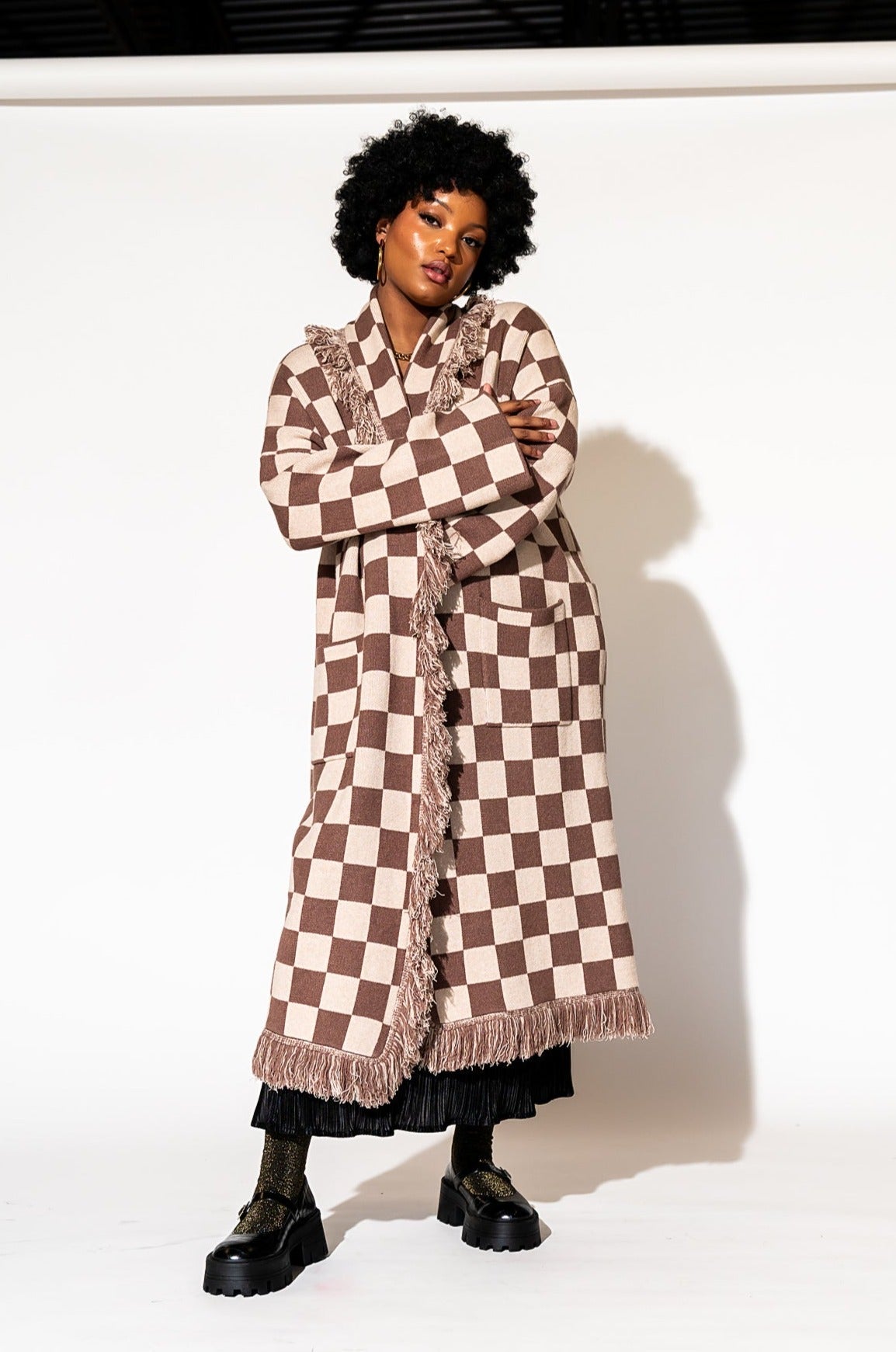 LALA ORIGINAL: Luxe Fringe Blanket Cardigan in Neutral Check Deliciousness - Dressed in Lala