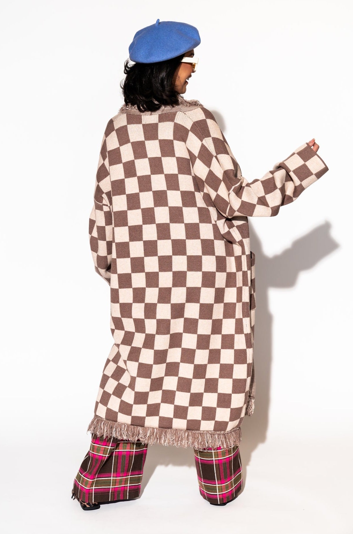 LALA ORIGINAL: Luxe Fringe Blanket Cardigan in Neutral Check Deliciousness - Dressed in Lala