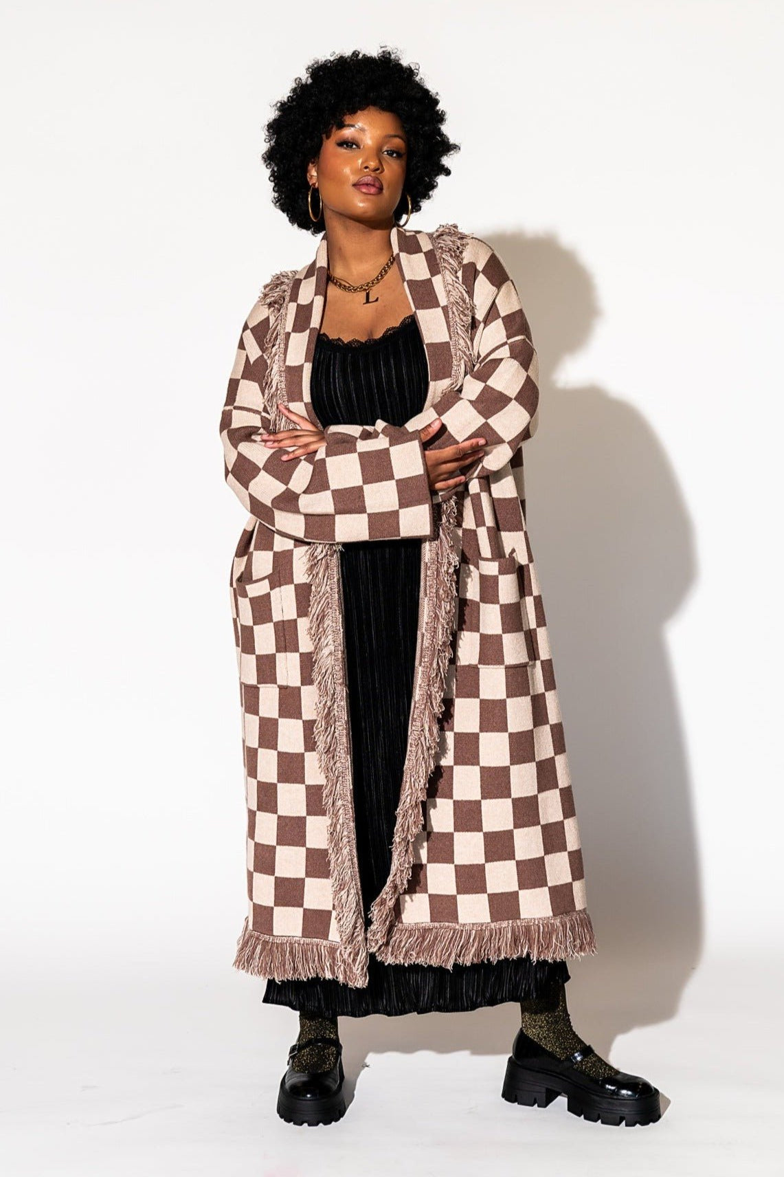 LALA ORIGINAL: Luxe Fringe Blanket Cardigan in Neutral Check Deliciousness - Dressed in Lala