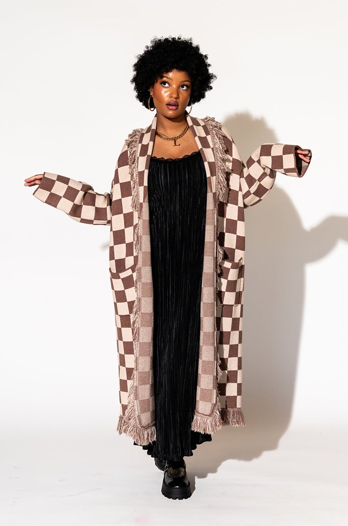 LALA ORIGINAL: Luxe Fringe Blanket Cardigan in Neutral Check Deliciousness - Dressed in Lala