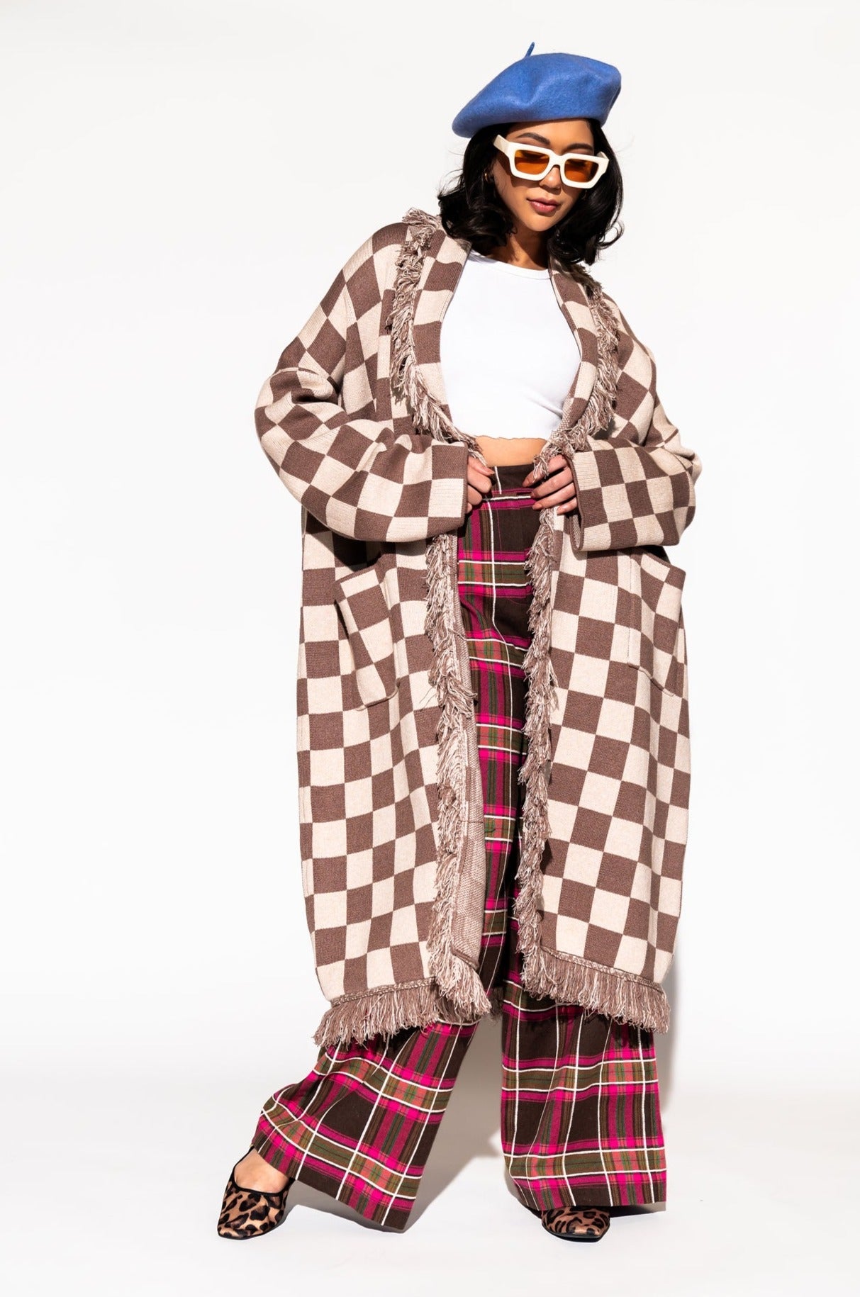 LALA ORIGINAL: Luxe Fringe Blanket Cardigan in Neutral Check Deliciousness - Dressed in Lala