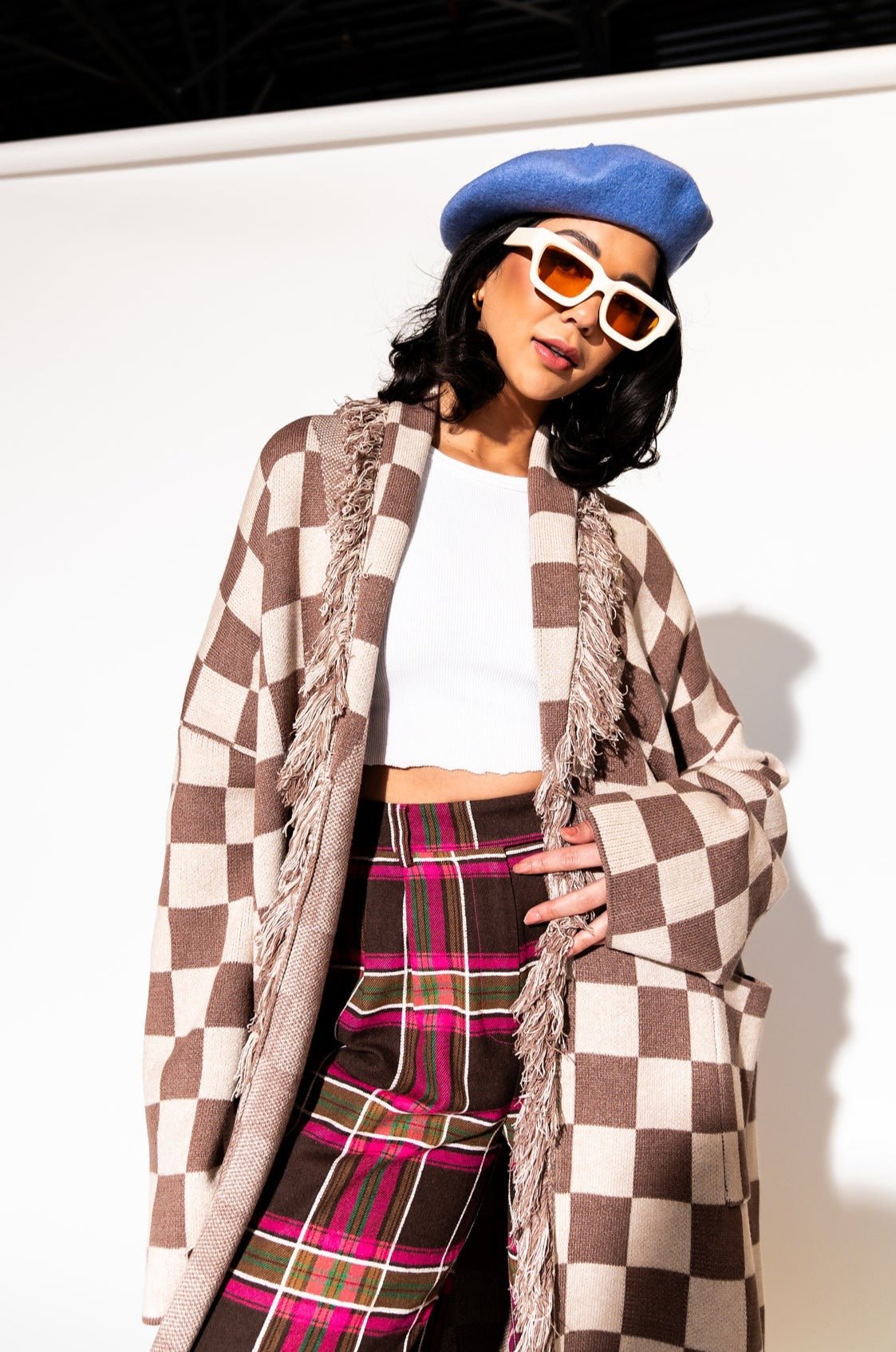 LALA ORIGINAL: Luxe Fringe Blanket Cardigan in Neutral Check Deliciousness - Dressed in Lala