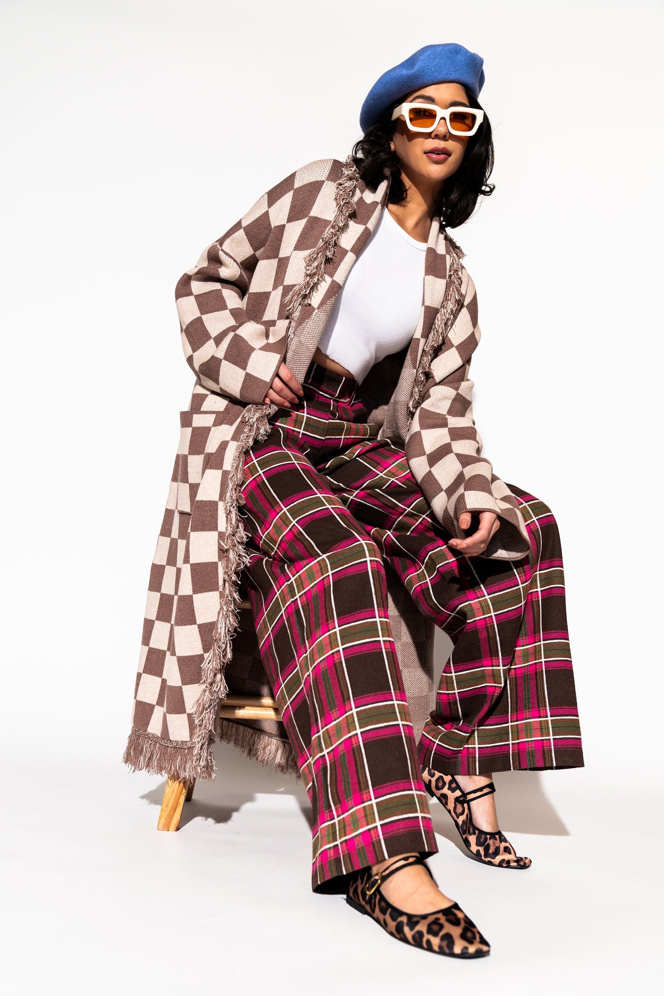 LALA ORIGINAL: Luxe Fringe Blanket Cardigan in Neutral Check Deliciousness - Dressed in Lala