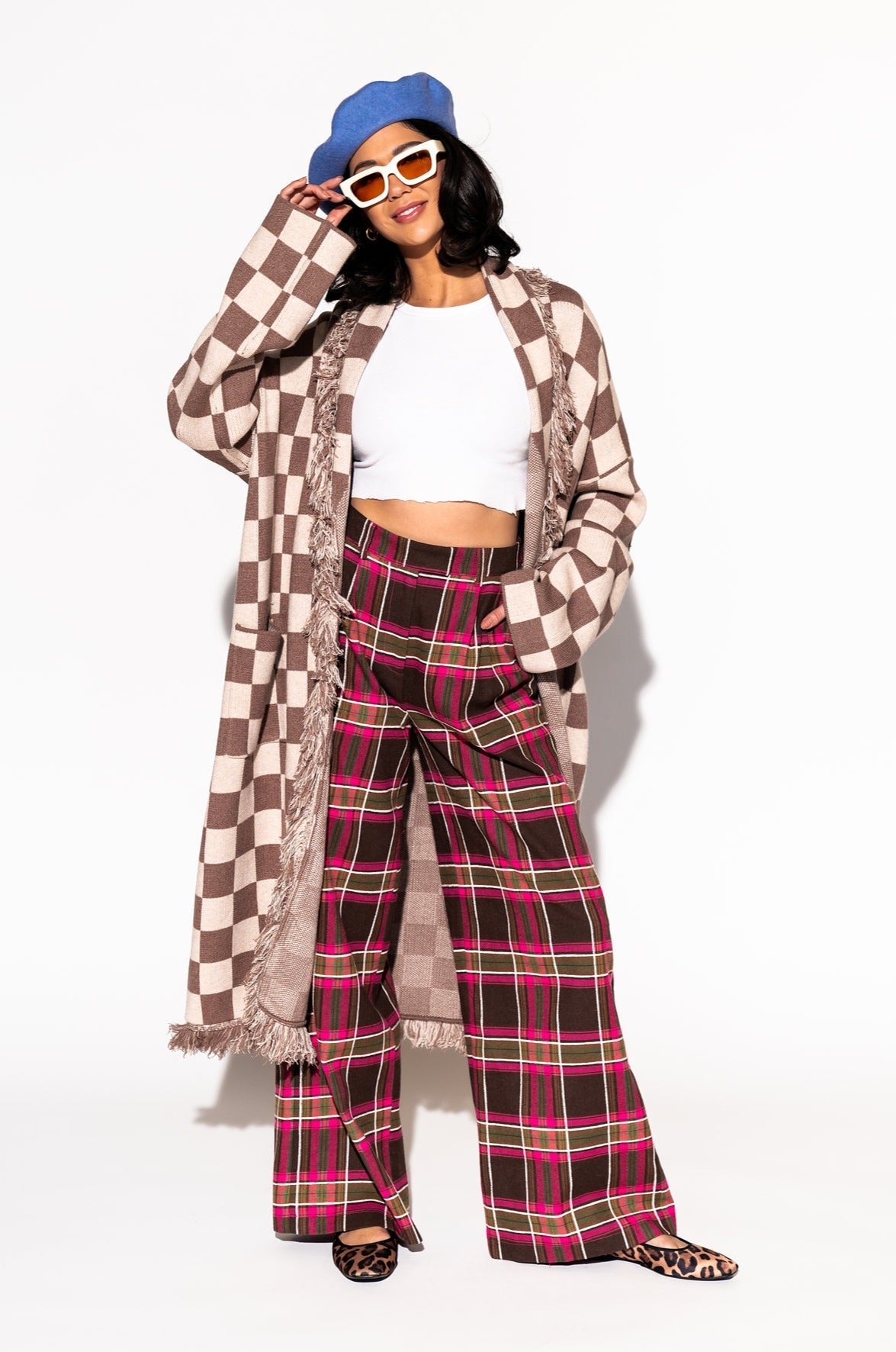 LALA ORIGINAL: Luxe Fringe Blanket Cardigan in Neutral Check Deliciousness - Dressed in Lala