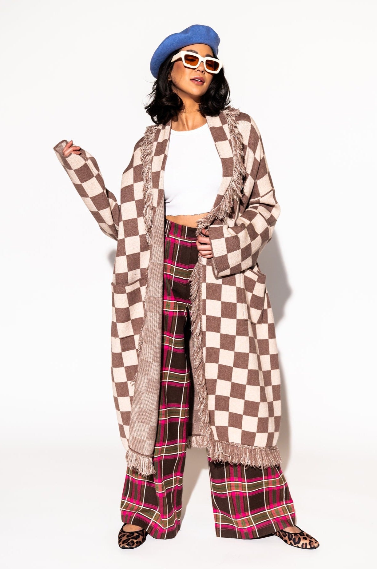 LALA ORIGINAL: Luxe Fringe Blanket Cardigan in Neutral Check Deliciousness - Dressed in Lala