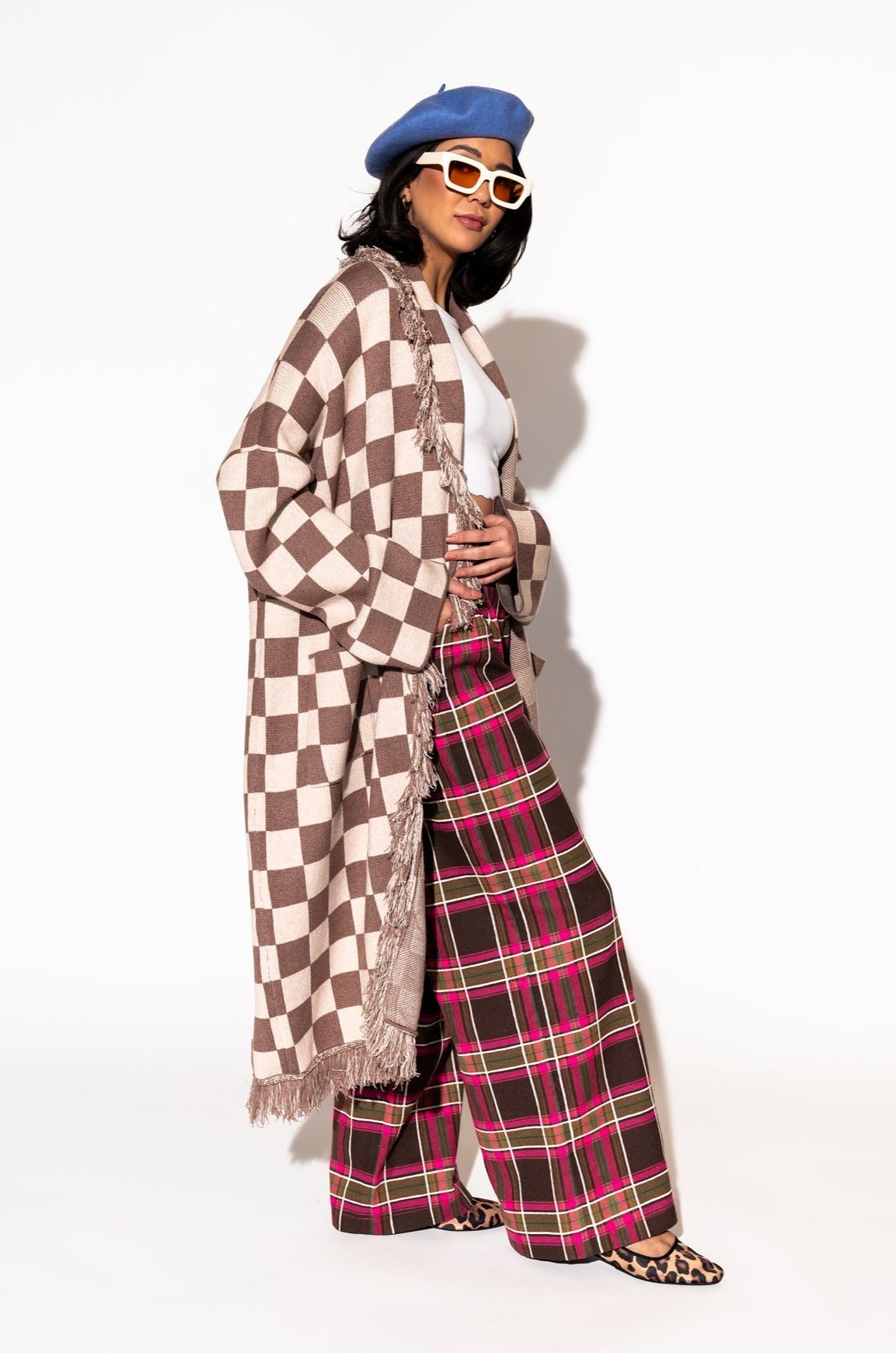 LALA ORIGINAL: Luxe Fringe Blanket Cardigan in Neutral Check Deliciousness - Dressed in Lala