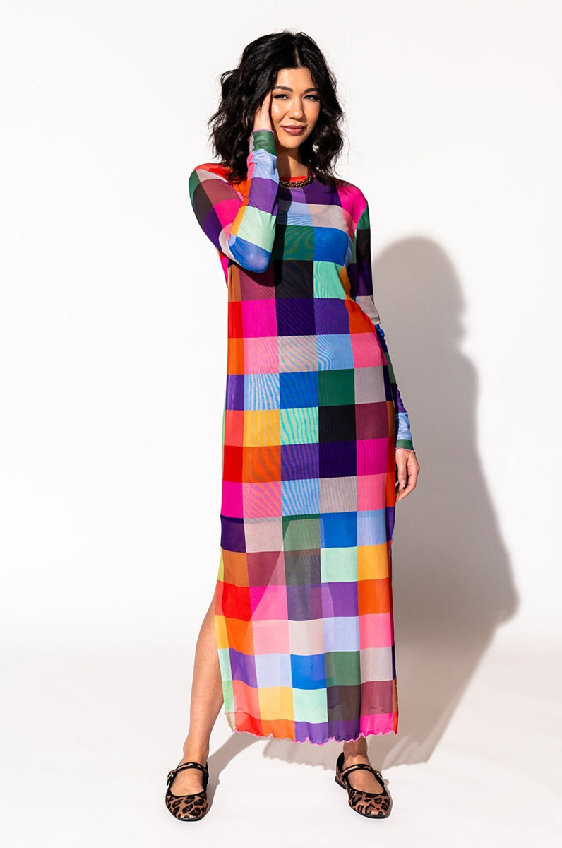 Mad About You Long Sleeve Mesh Dress in Forever Young Check Dressed