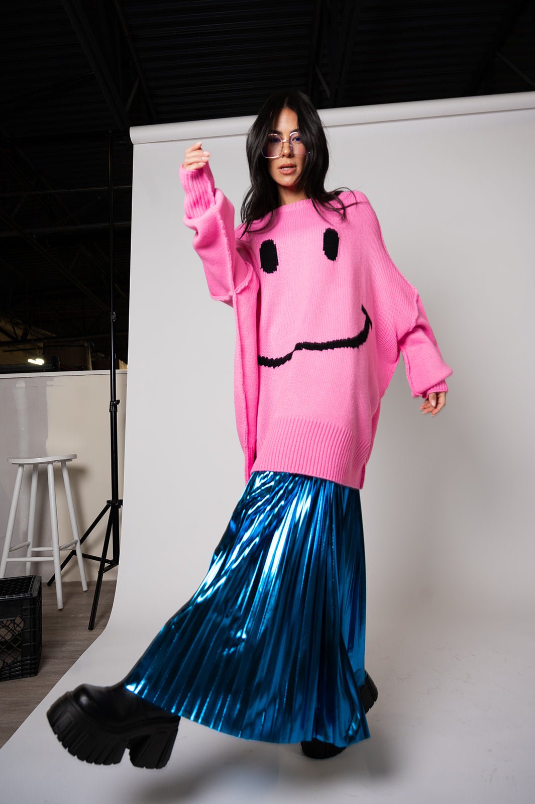 LALA ORIGINAL: Metallic Pleated Midi Skirt in Blue Raspberry - Dressed in Lala