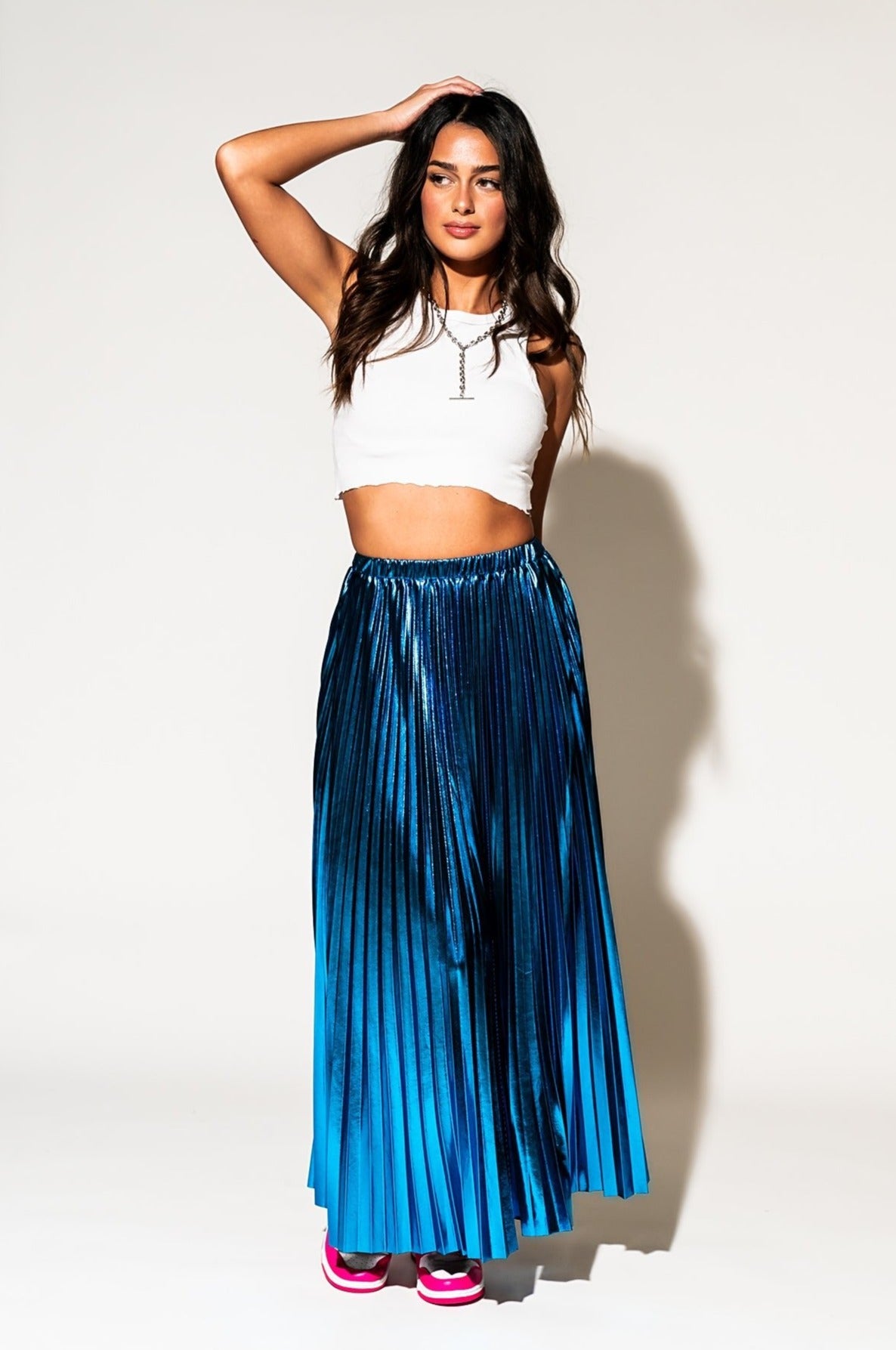 LALA ORIGINAL: Metallic Pleated Midi Skirt in Blue Raspberry - Dressed in Lala