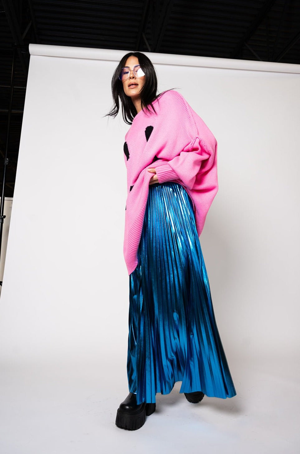 LALA ORIGINAL: Metallic Pleated Midi Skirt in Blue Raspberry - Dressed in Lala