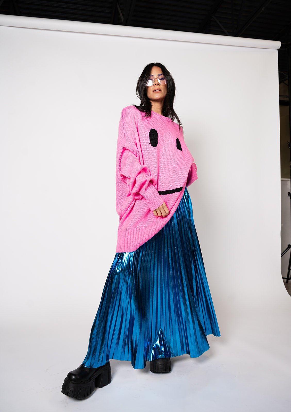 LALA ORIGINAL: Metallic Pleated Midi Skirt in Blue Raspberry - Dressed in Lala