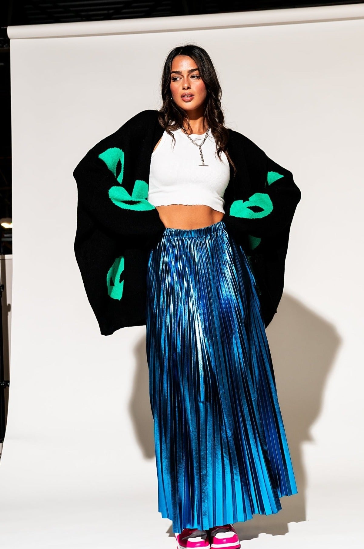 LALA ORIGINAL: Metallic Pleated Midi Skirt in Blue Raspberry - Dressed in Lala