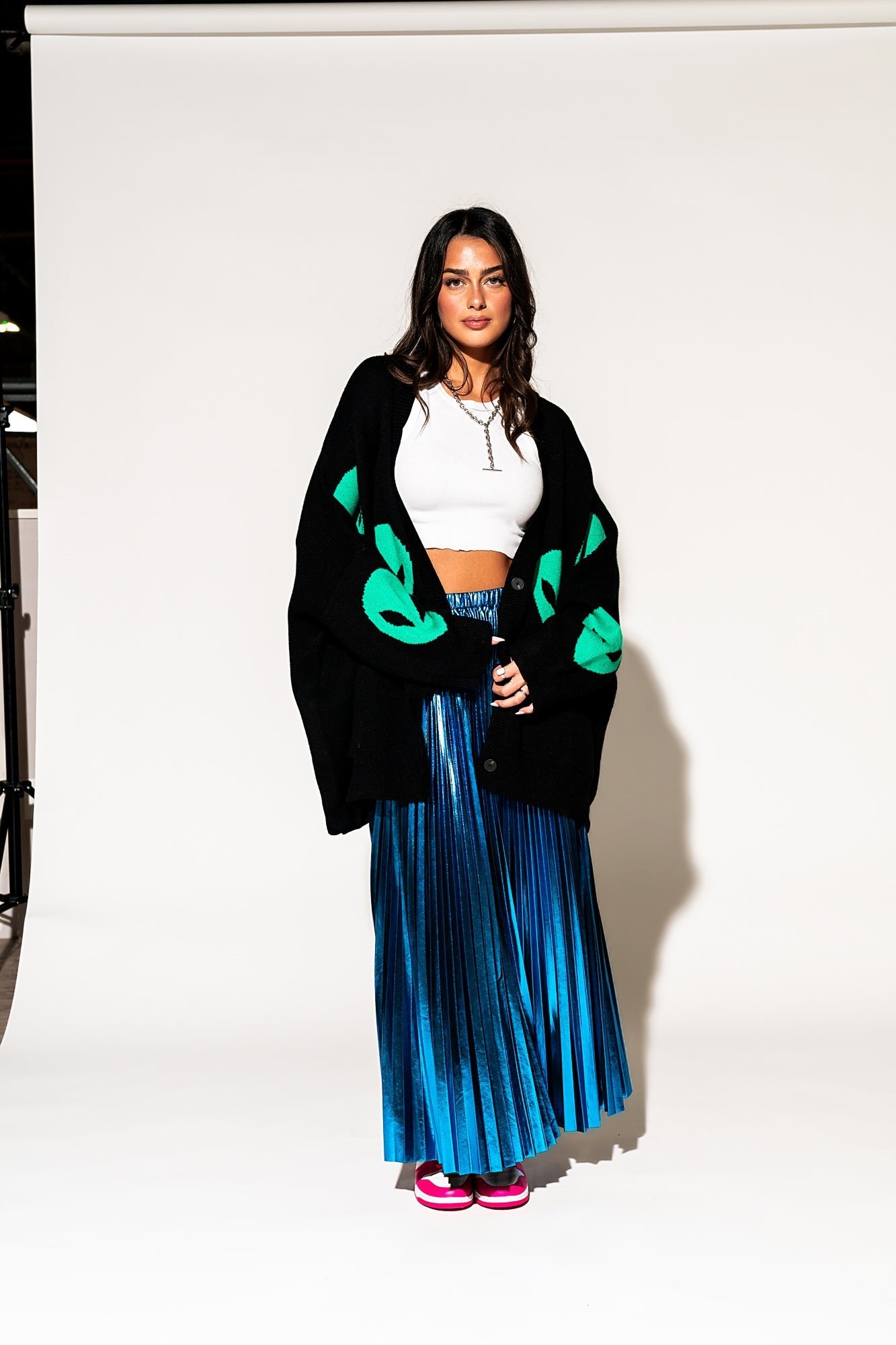 LALA ORIGINAL: Metallic Pleated Midi Skirt in Blue Raspberry - Dressed in Lala