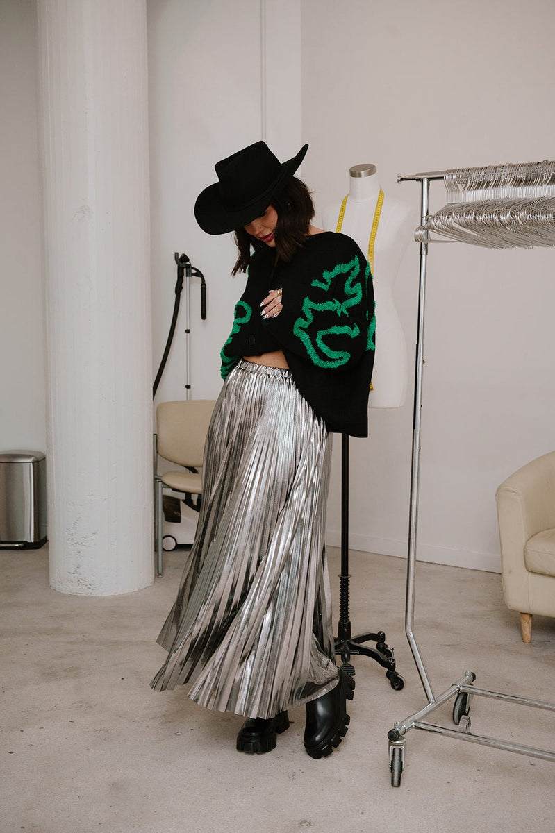 Metallic Pleated Midi Skirt in Sterling Silver *RESTOCKING SOON