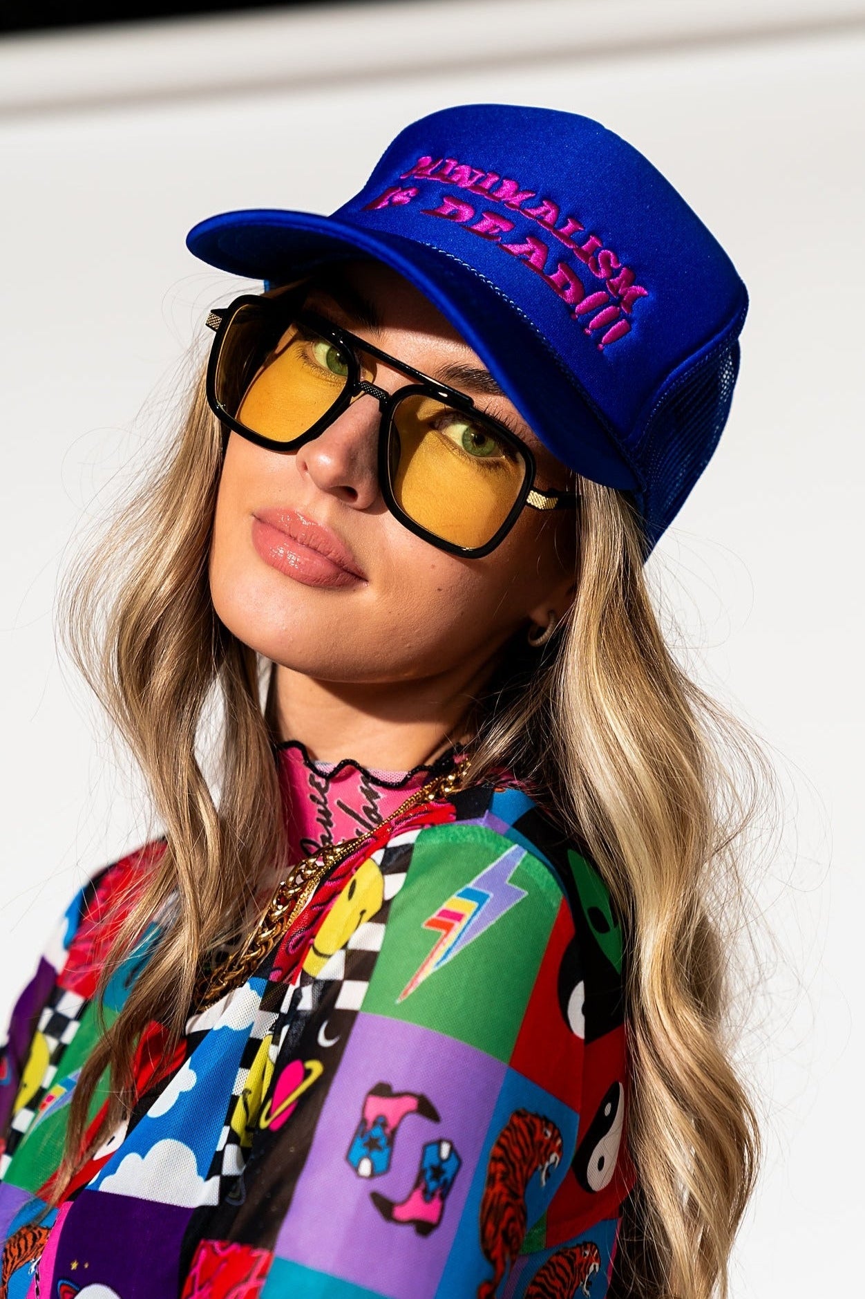 LALA ORIGINAL: Minimalism Is Dead Embroidered Trucker Hat - Dressed in Lala
