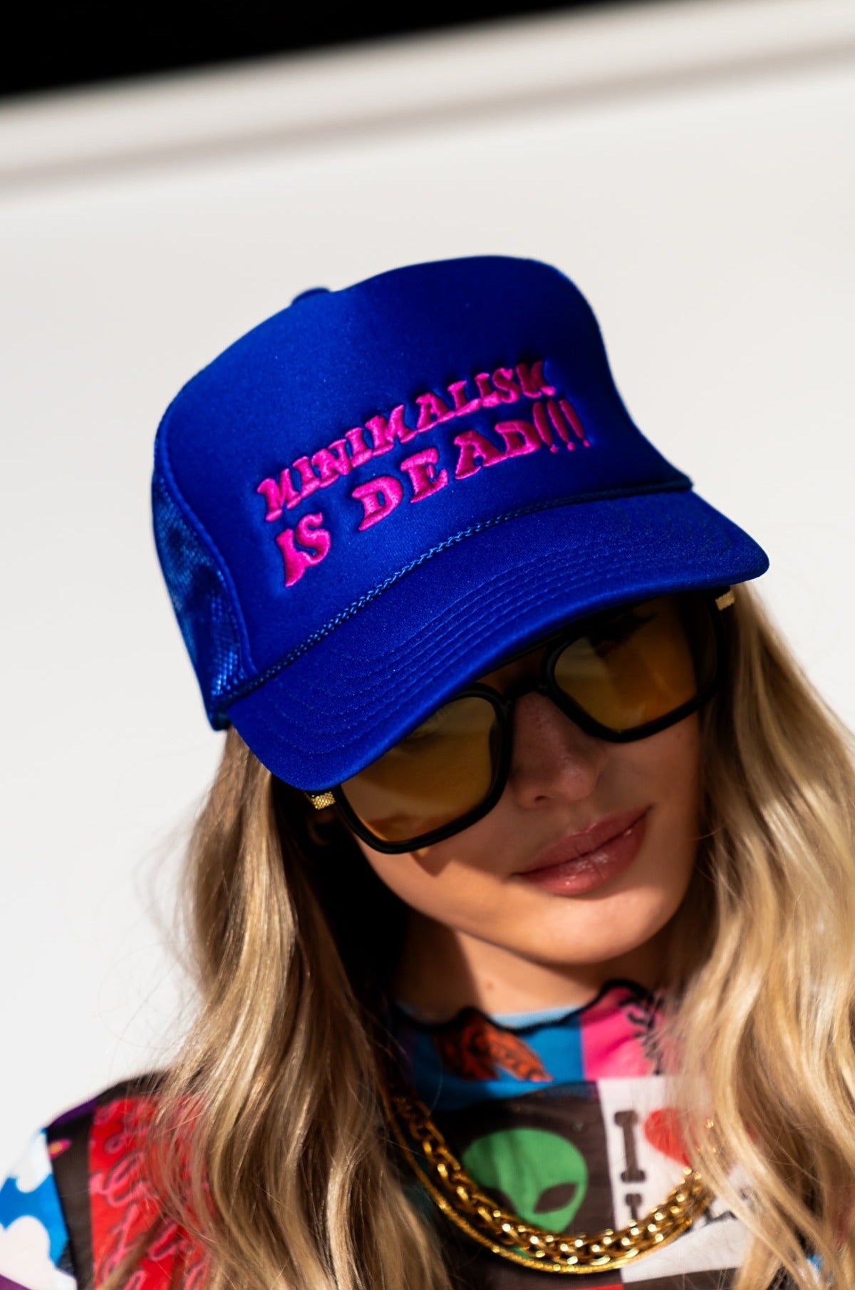 LALA ORIGINAL: Minimalism Is Dead Embroidered Trucker Hat - Dressed in Lala