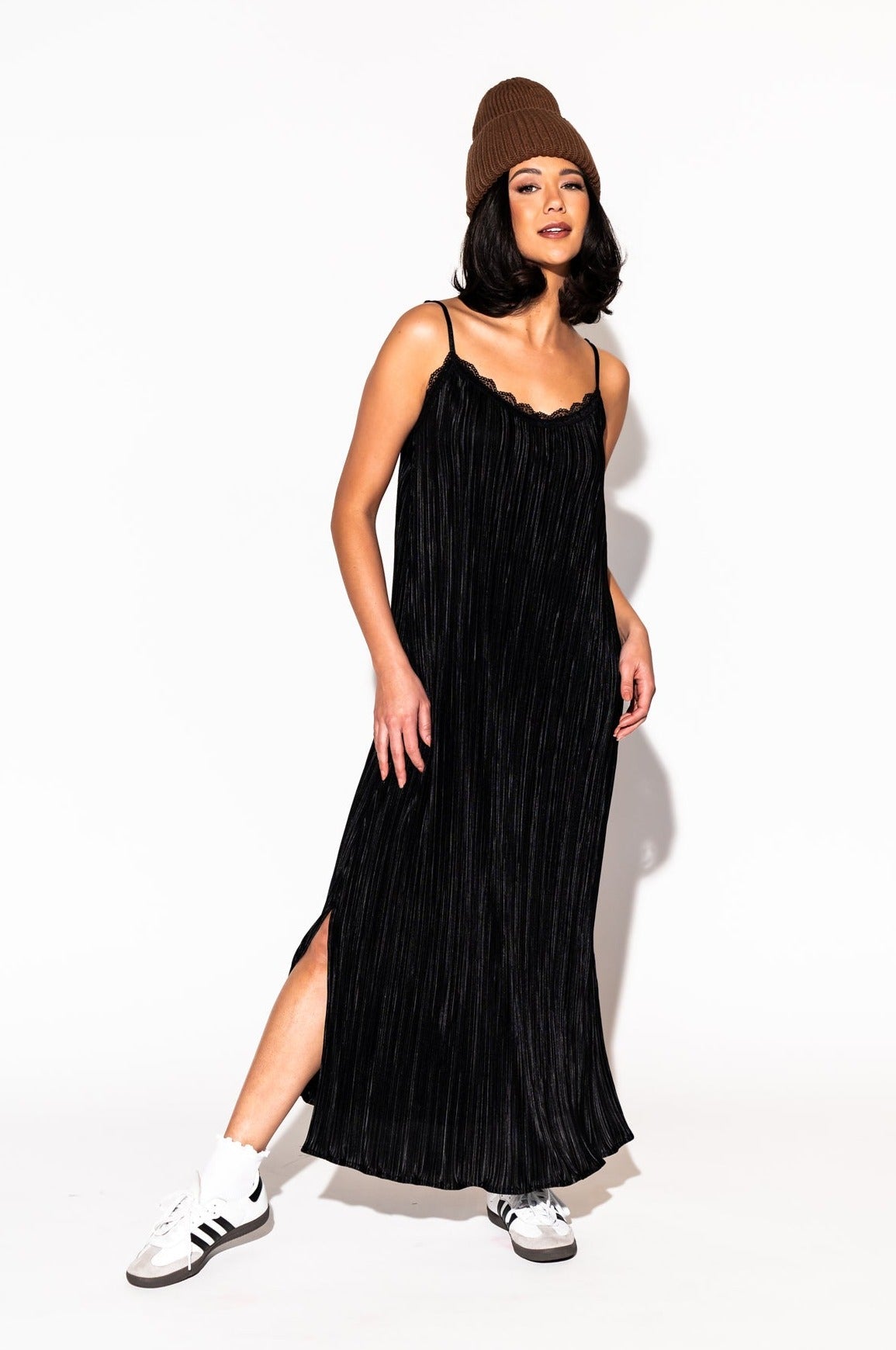 LALA ORIGINAL: Money Honey Plisse Slip Dress in Black - Dressed in Lala