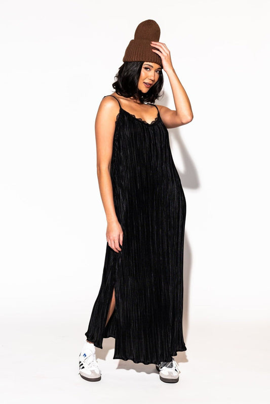 LALA ORIGINAL: Money Honey Plisse Slip Dress in Black - Dressed in Lala