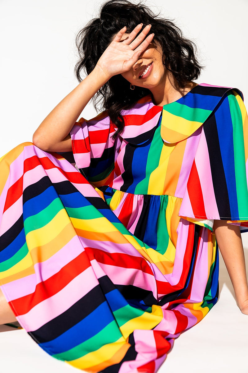 Neverland Dress in Rainbow Candy Stripe Dressed in Lala