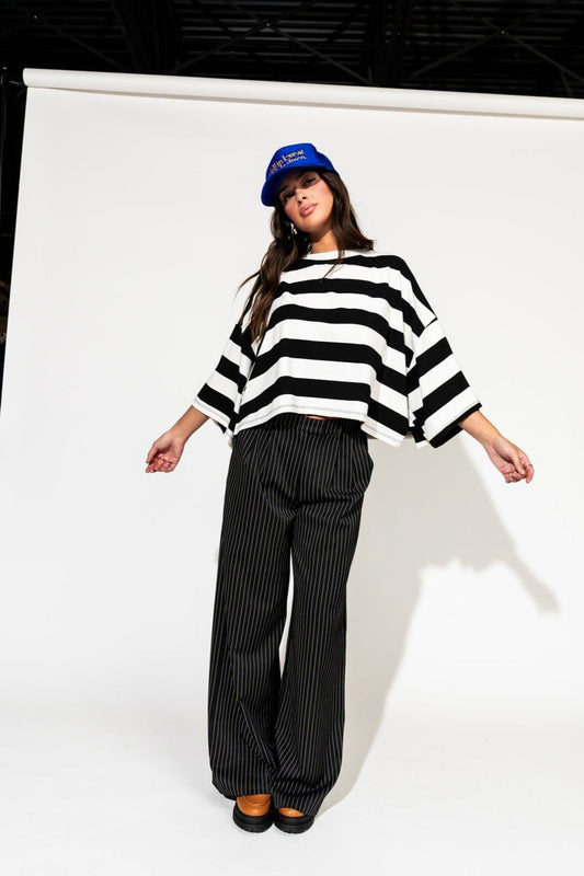 LALA ORIGINAL: Ozzy Tee in Black + White Stripes - Dressed in Lala