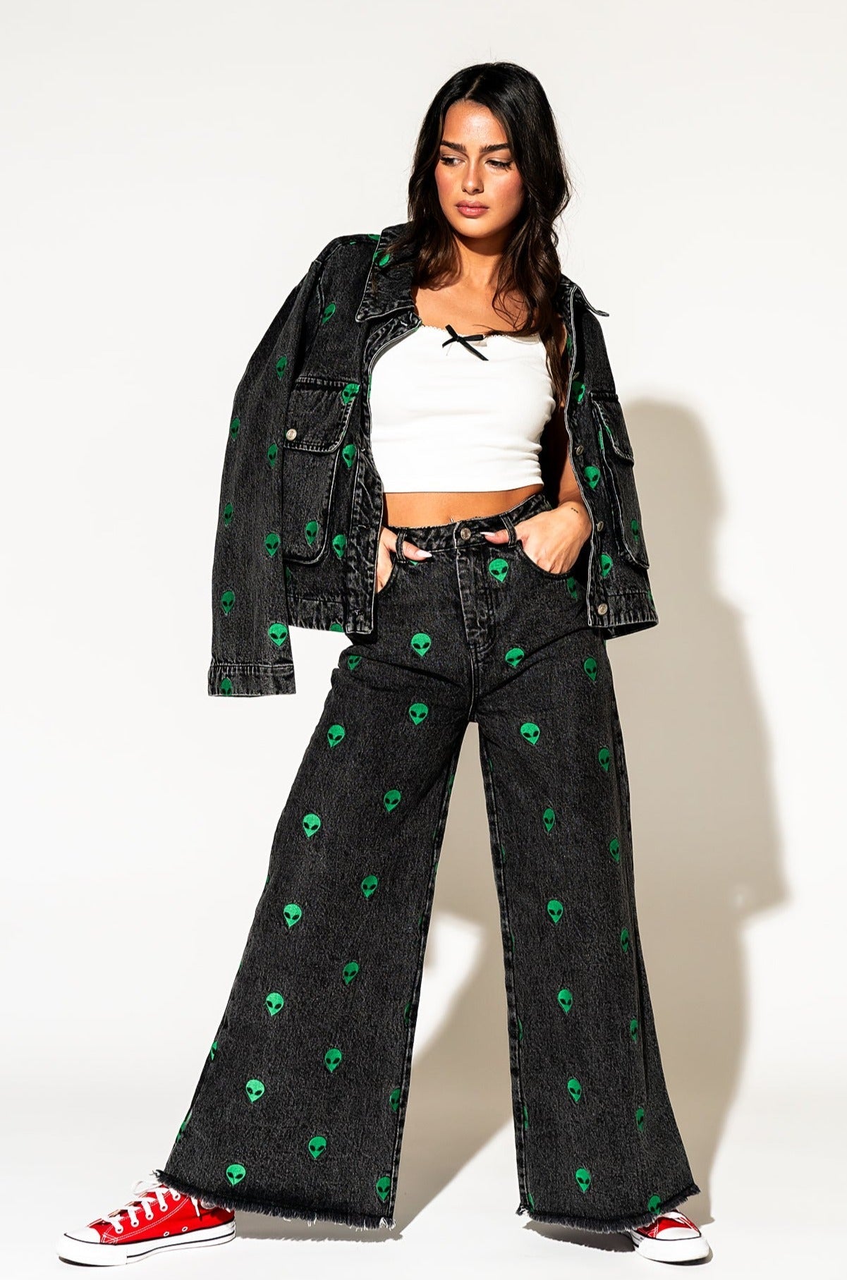 LALA ORIGINAL: Rare Embroidered Alien Wide Leg Denim - Dressed in Lala
