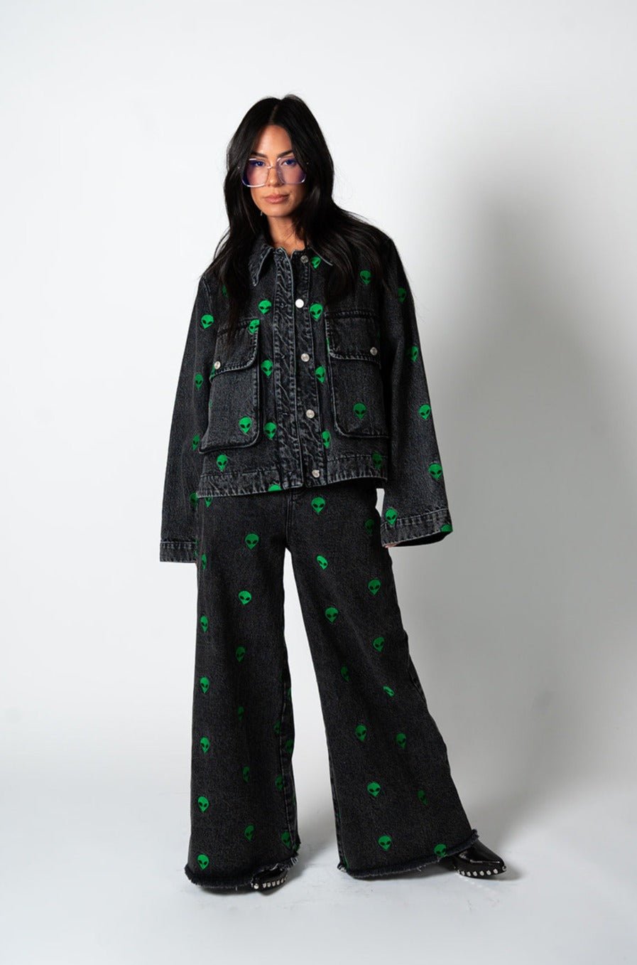 LALA ORIGINAL: Rare Embroidered Alien Wide Leg Denim - Dressed in Lala