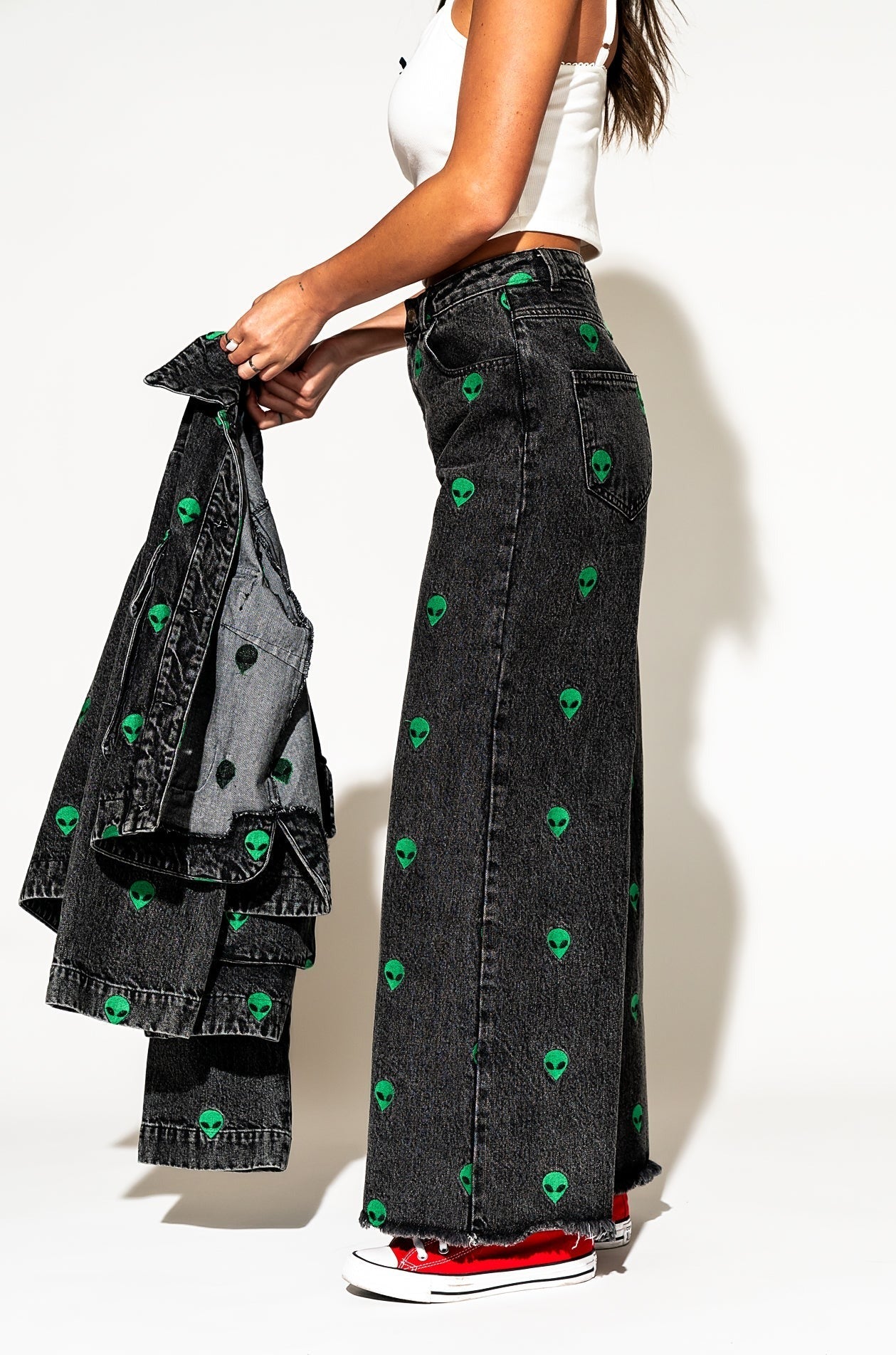 LALA ORIGINAL: Rare Embroidered Alien Wide Leg Denim - Dressed in Lala
