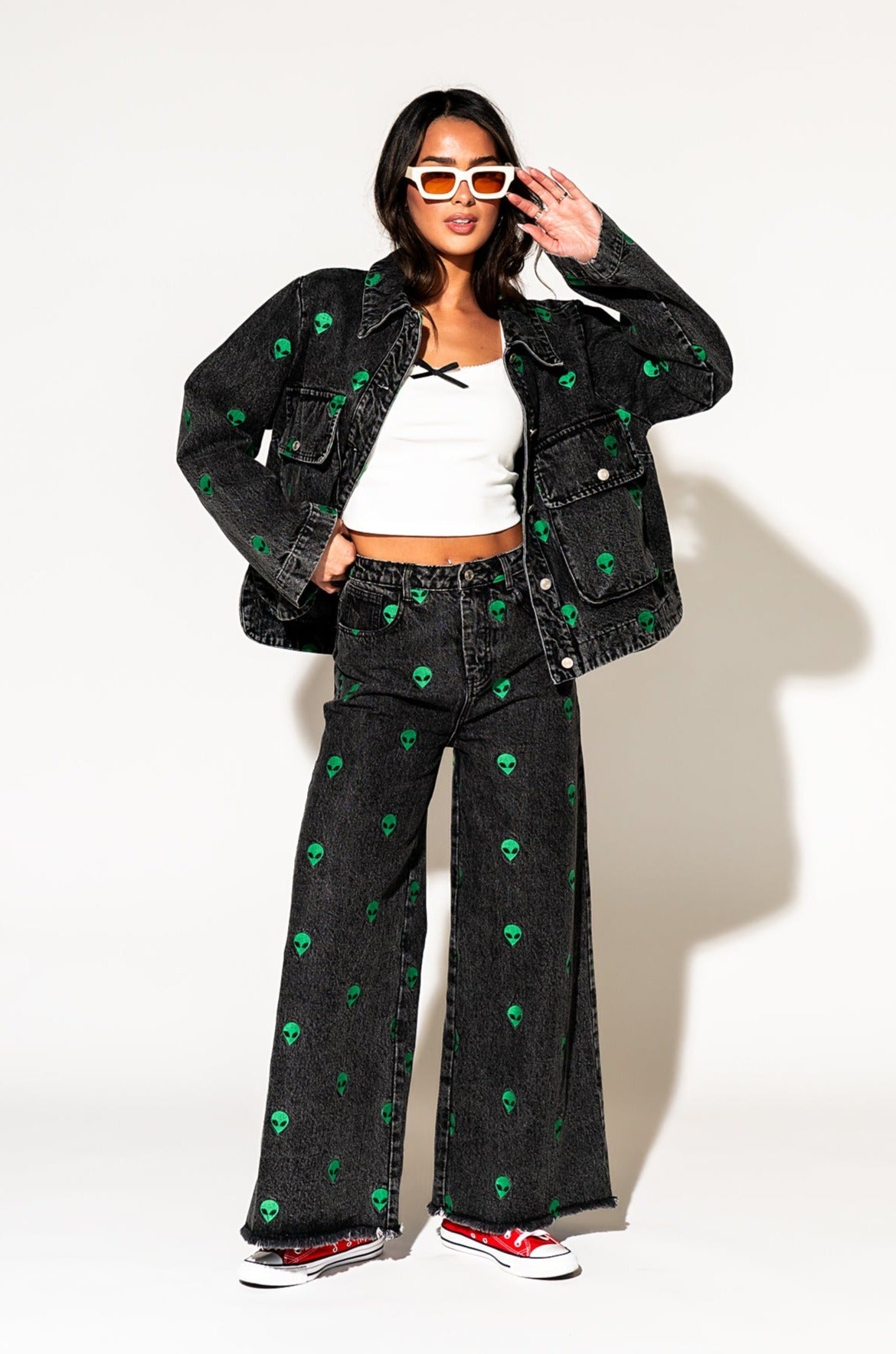 LALA ORIGINAL: Rare Embroidered Alien Wide Leg Denim - Dressed in Lala