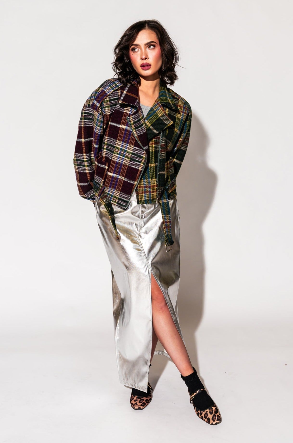 LALA ORIGINAL: Sagittarius Half + Half Plaid Moto Jacket - Dressed in Lala